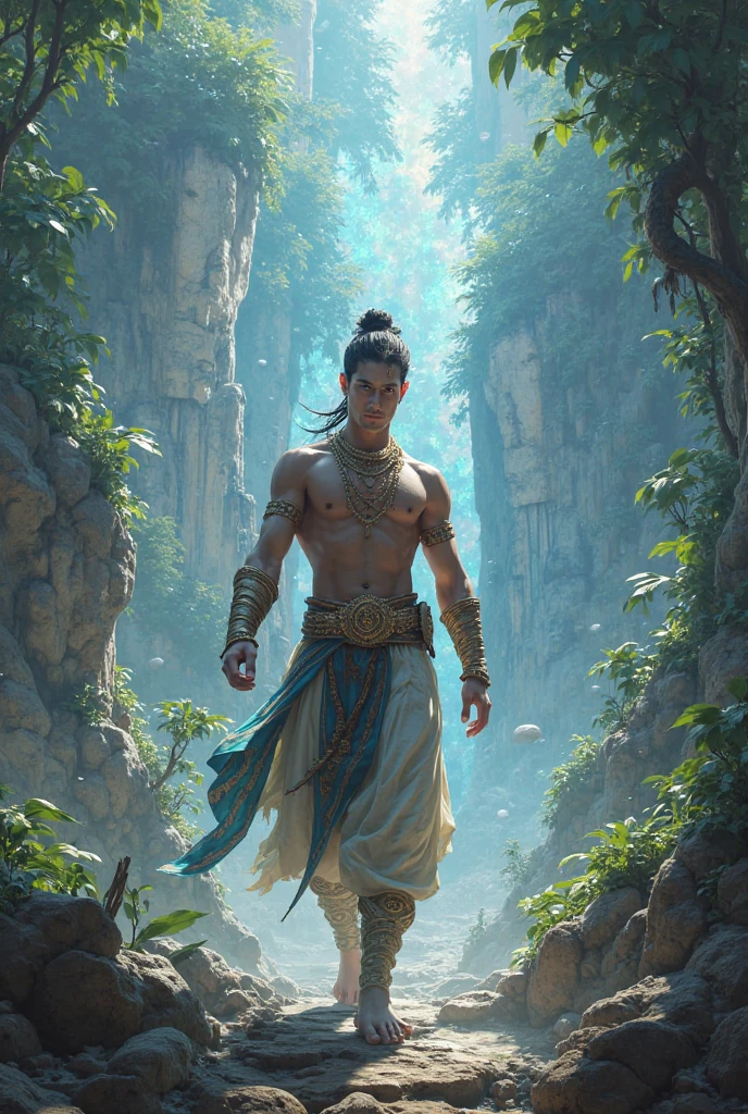 Prompt
Character Design:
* Appearance: A young, athletic man with dark skin and piercing black eyes. Long, flowing black hair tied in a ponytail or loose.
* Attire: Traditional Indian clothing, such as a dhoti and kurta, with ornate jewelry and a sacred pendant.
* Weapon: A curved sword or chakra, imbued with divine energy.
