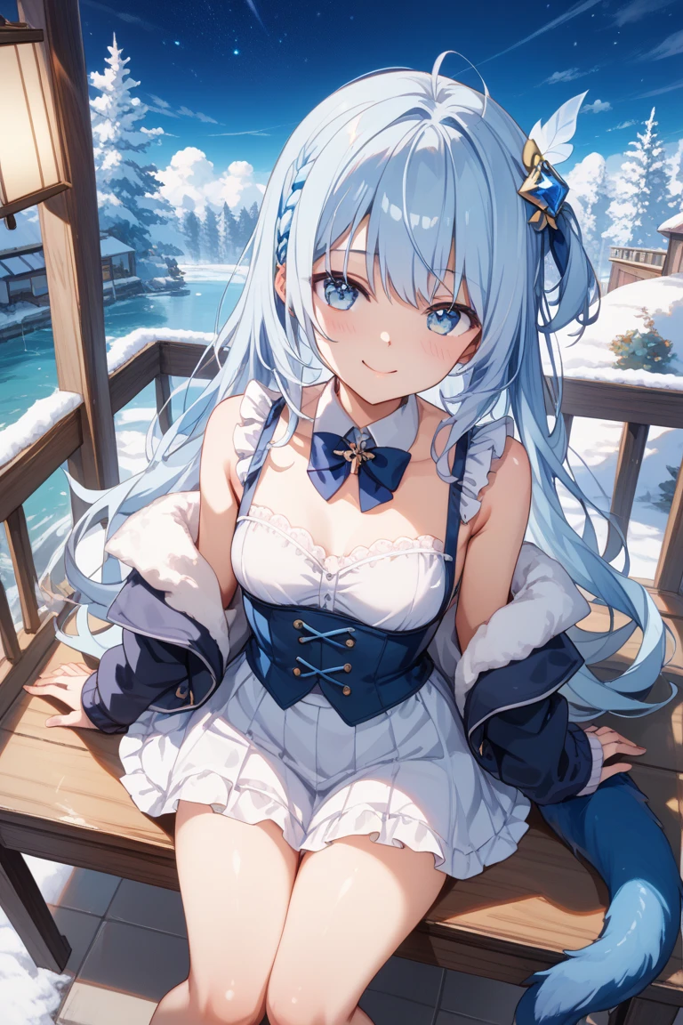 A cute house like a small cabin in the forest,A coffin made of glass in front of the house,A woman is sitting in a coffin,fluffy hair,Shortcut Hair,hair band with big ribbon,white, blue, red and yellow dress,voluminous princess dress,Princess Snow White,snow white,Plump, glossy, slightly red lips,Her chest is wide open and her cleavage is visible.,Slightly red tide,