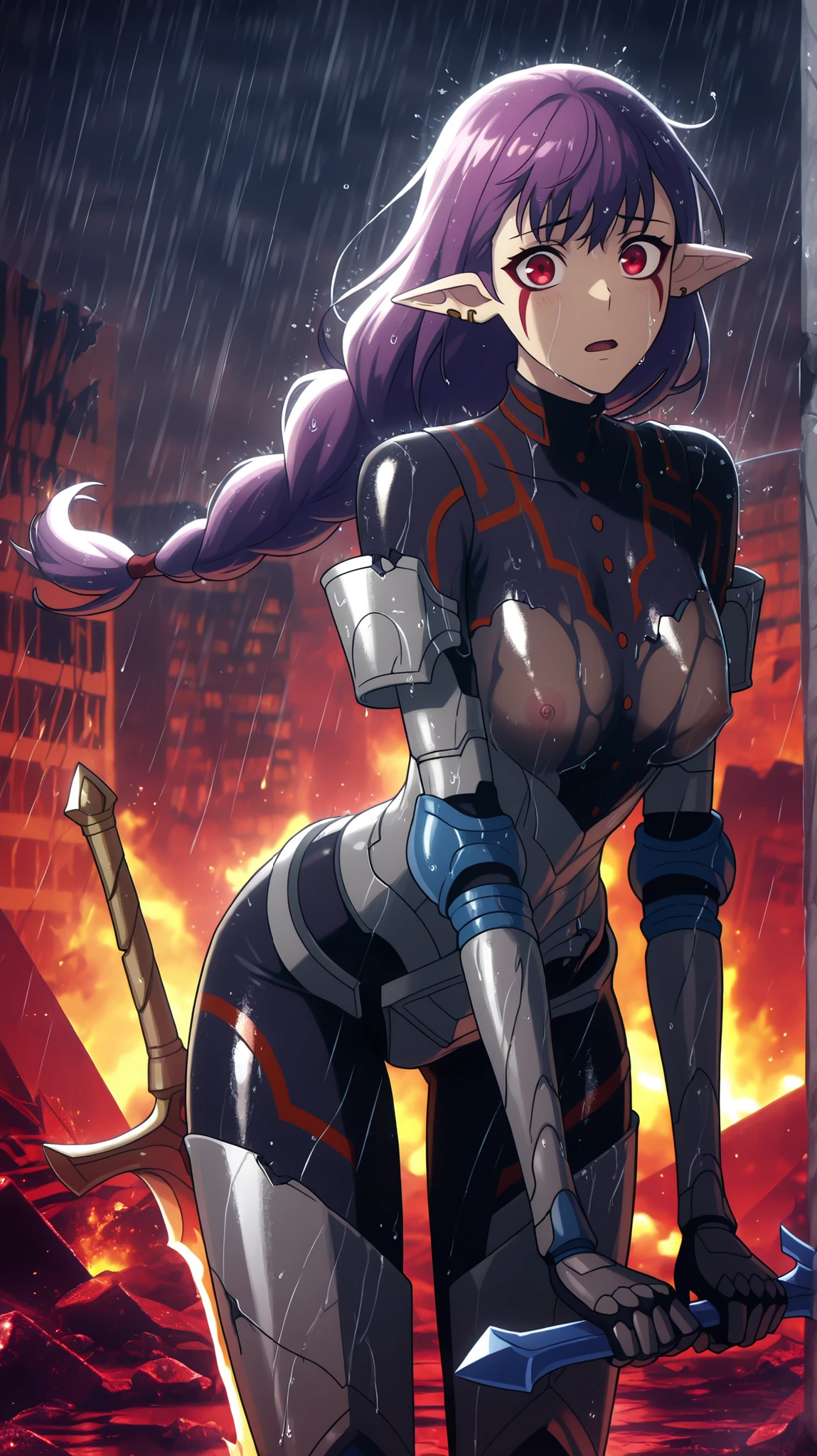 BREAK (masterpiece:1.2), best quality, high resolution, unity 8k wallpaper, (illustration:0.8), (beautiful detailed eyes:1.6), extremely detailed face, perfect lighting, extremely detailed CG, (perfect hands, perfect anatomy),ruined city, hell seting,broken buildings, rain,storm, fire,dark atmosphere,looking at viewer, single braid, long hair, floating hair,wet hair,purple hair, red eyes, facial mark, pointy ears, earrings,tight black bodysuit, red trim, buttons, grey armor, blue elbow pads, gauntlets, greaves,standing in middle,wet clothes,cowboy shot,open mouth,very shy,nipples see through,legendary sword in hand,dark aura,standing in front,broken armor,bend over to camera.