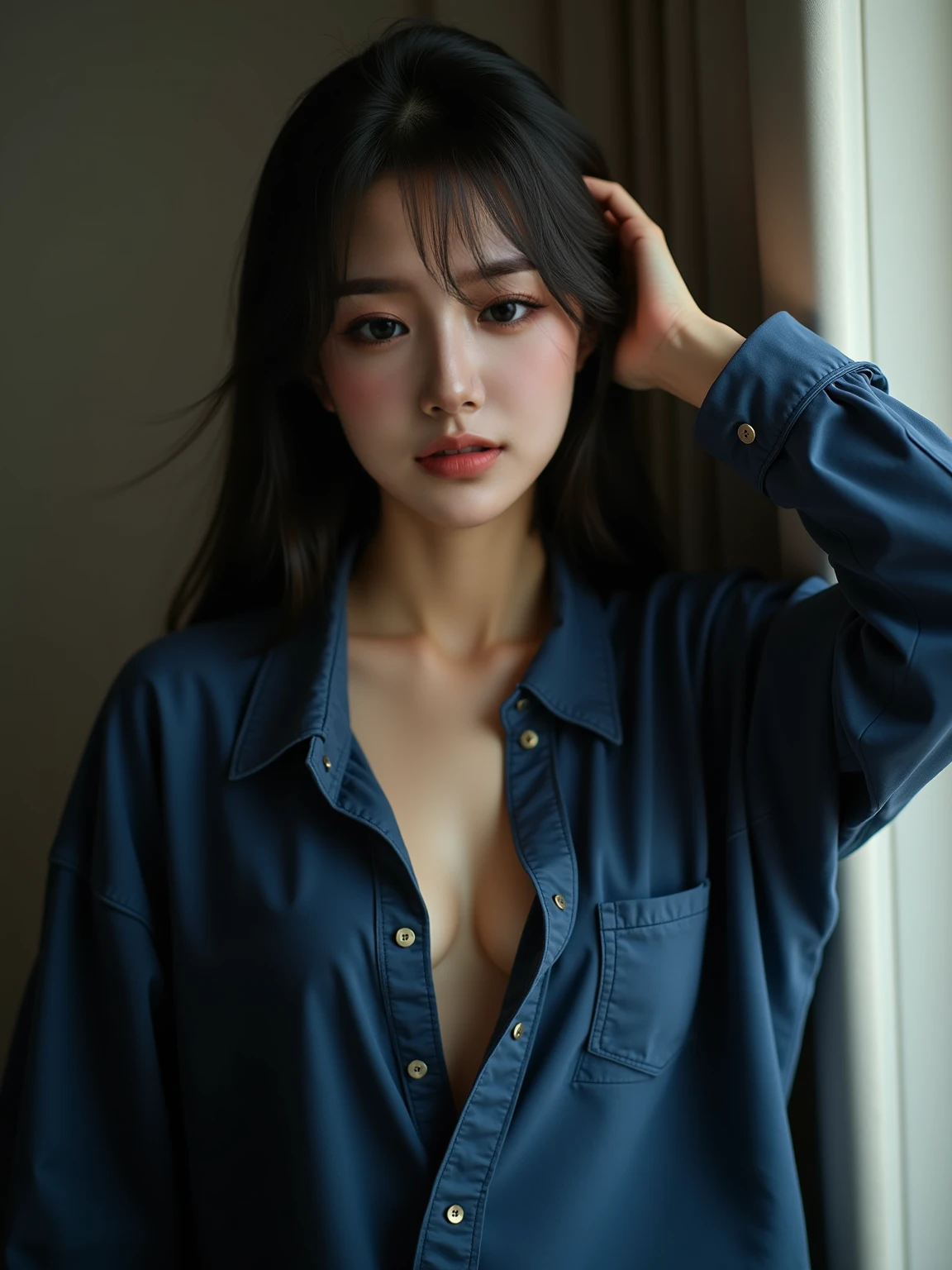 ((highest quality)), ((masterpiece)), (detailed), One Japanese girl, sexy,Hyperrealist portrait of female by david hockney and alphonse mucha,fantasy art, photo realistic, dynamic lighting, artstation, poster, volumetric lighting, very detailed faces, 8 k, award winning,, 1girl, in the dark, deep shadow, low key,cowboy shot,(official clothing:1.4) ,long hair,black hair,full body,nsfw,open clothes,
