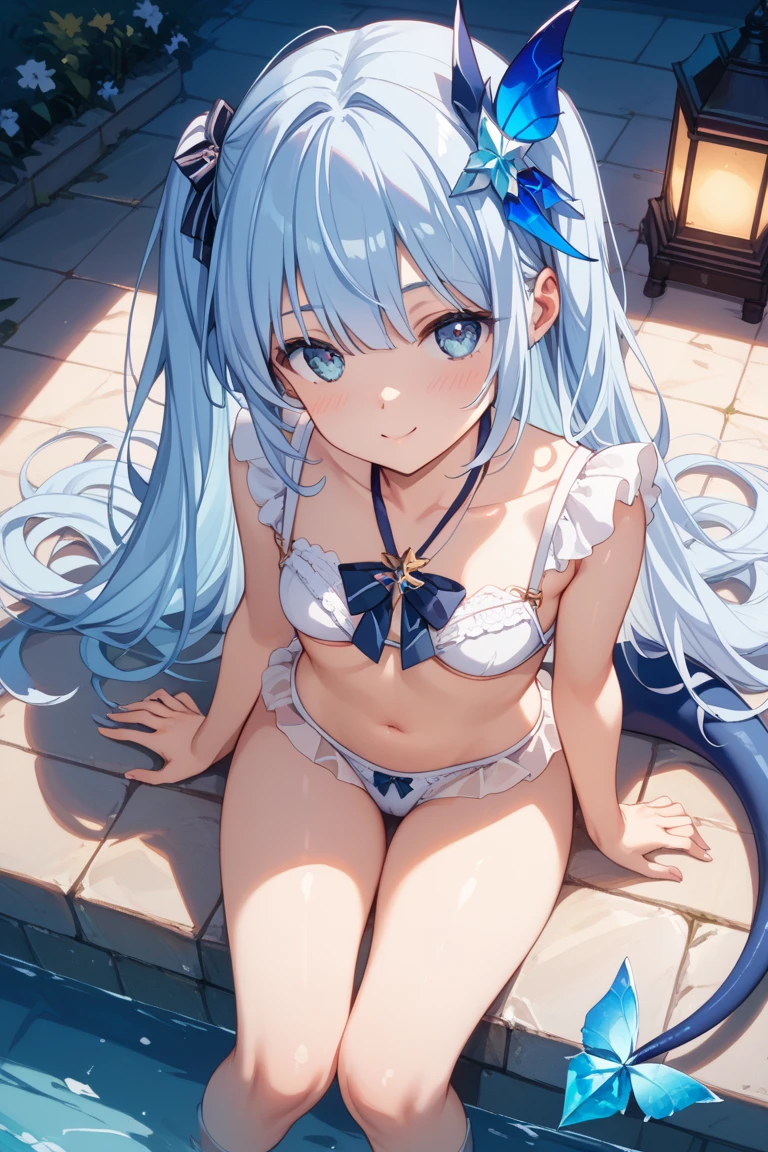 Very cute 15 year old girl, ((She has some silver earrings in her ears..Cute Bikini))、(Light blue hair color、Dark purple inner color hairstyle、Hair expressed with a delicate touch), Beautiful Hair, Facial Contour, Remember, Poolside, splash, Lens flare、sunlight、illumination、Natural Color, High resolution, Very delicate, Very detailed, 8k,(Her breast size is about a B cup)、Shyness,((Sexual)),((Naughty feelings)),smile、Full body angle(From head to shoes)