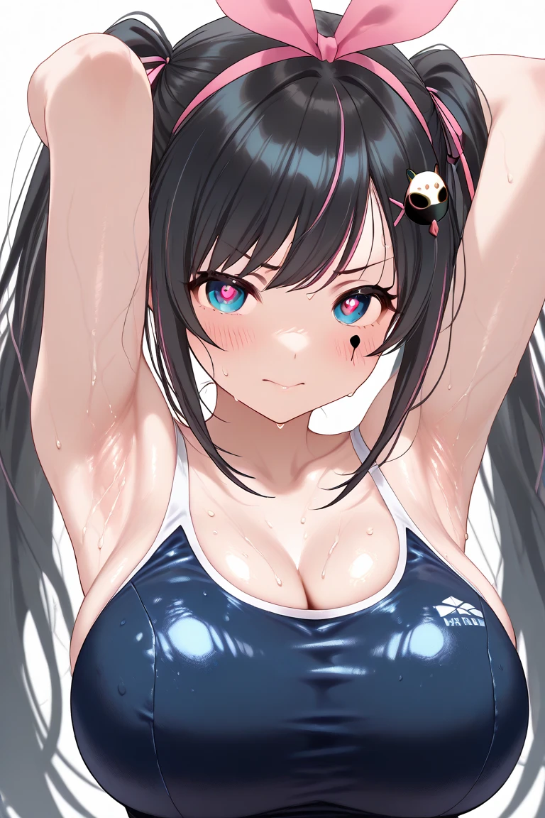 (masterpiece, best quality, beautiful anime art:1.4), 1girl, (white background:1.7), solo, (perfect hands:1.5), beaurtiful purple eyes, looking at viewer, (small breasts:1.1), long hair, bare shoulders, collarbone, jewelry, animal ears, bracelet, smile, cleavage, striped bikini, official alternate costume, animal ear fluff, swimsuit, bangs, grin, striped, vertical-striped bikini, bikini, blush, large breasts, off shoulder, jacket, hair ornament, upper body, eyebrows visible through hair, cinematic light, highly detailed, 8k
