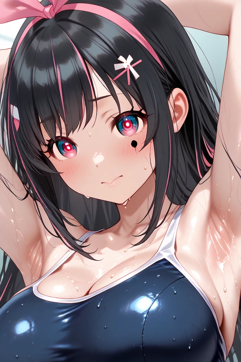 (best quarity,ultra detailed,ultra-high-resolution, absolutely resolution,8k, masterpiece),anime,(pale colors:1.8),long shot, 1girl, solo, cat mouth, dynamic angle, OK sign, smirk, opened mouth, fang, blue hair, bobcut, straight hair, racoon ears, racoon tail, (brown streaked hair:1.3), (blunt bangs) ,thick eyebrows, big breast, off shoulder clothes, cutout,  water splash background, summer, 