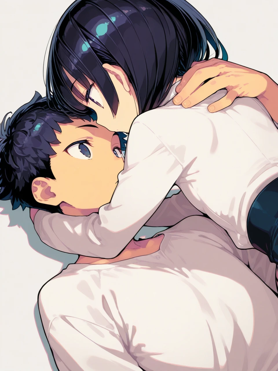 adult mother 50 years old, in one removed bra at home, has sex with his little son, son looks surprised, mother hugs her little son. son inserts penis into mother&#39;s crotch.