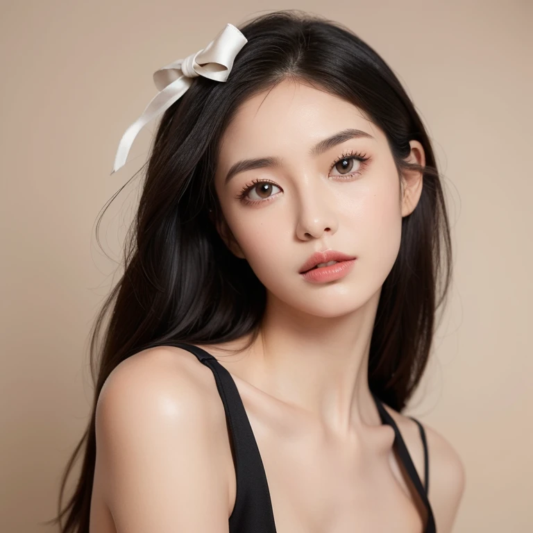 (photorealistic:1.2), artistic composition, professional studio photography of a Korean star 24-year-old woman posing naturally and spontaneously, lively gaze, oval face, high cheekbones, straight nose, clear rounded eyes, (full lips:1.2), delicate chin, natural hair, highly detailed skin, natural skin texture, pale skin, professional dramatic lighting