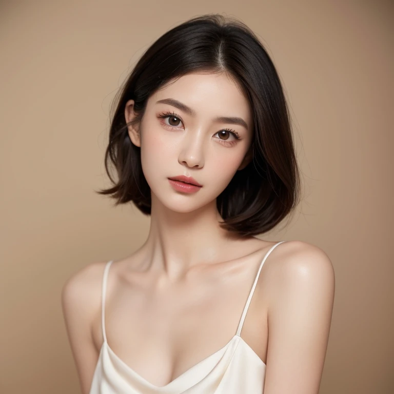 (((best quality))),(((ultra detailed))),(((masterpiece))),illustration,((1girl,solo)),(straight black bob hair:1.2),((slim,thin)),((small breasts,flat chest)),sitting,(in KFC:1.3), (burgers and drink on the table:1.2),((strapless white bra)), clean, fresh, bright face, sparkling eyes, rosy cheeks, beautiful smile, white teeth, neatly combed hair,sexiness,visible, natural, carefree,bustling restaurant, other customers, enjoying meals, chatting, bright lighting, warm atmosphere, joy, relaxation, cute appearance, carefree attitude, visually appealing, heartwarming,((close-up of face,from front))
