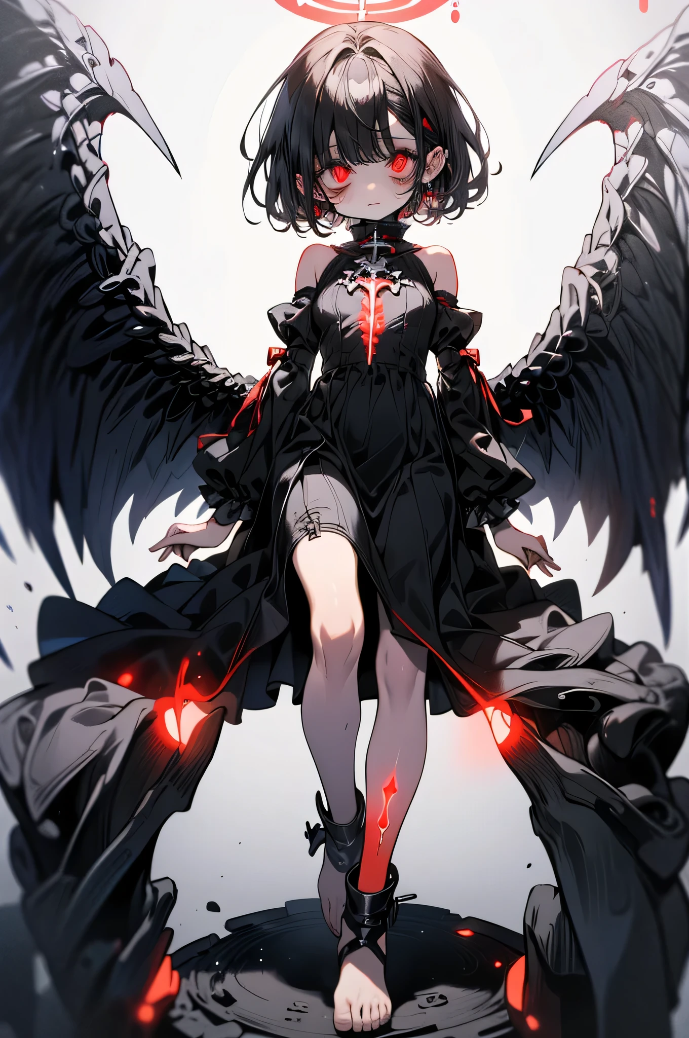 ((top quality))、(((solo))), ((Mysterious pattern)), ((Precise face))、((A precise pair of black dirty angel wings that grow from my shoulders))、(Short black fallen angel)、((White skin with red glowing skin on arms and legs))、((Tall))、((is expressionless with half-open red glowing eyes))、(foot injury)、((with a simple design that sticks out the shoulders and cute sleeves))、(full body illustration seen from below)、(looking from below)、((dark room))