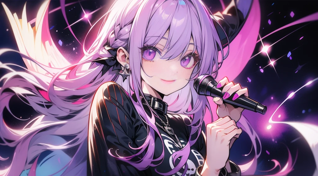 light skin girl, red eyes, lilac hair. super details, with a heroine costume with black and neon purple details. with a serious look. With a small necklace with a ruby releasing red energy. Singing 