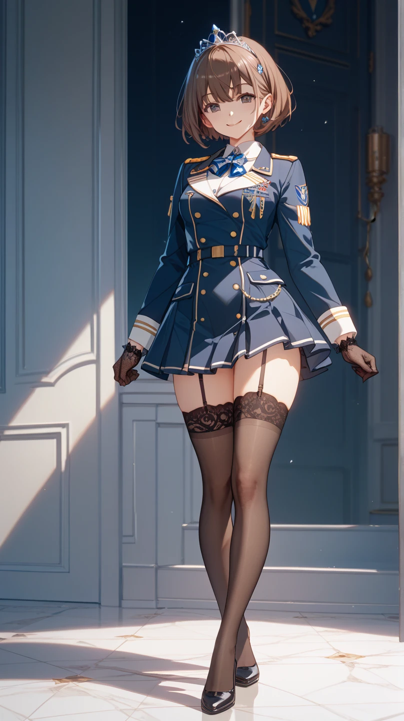 Female, standing, straight, 1girl, looking at viewer, handcuffs on their hands, with a collar around the neck, slave, feet up positon, ((black choker, shackles on legs and arms)) show ass, fur trim, own hands together grabing her own gluteous, ???? green uniform