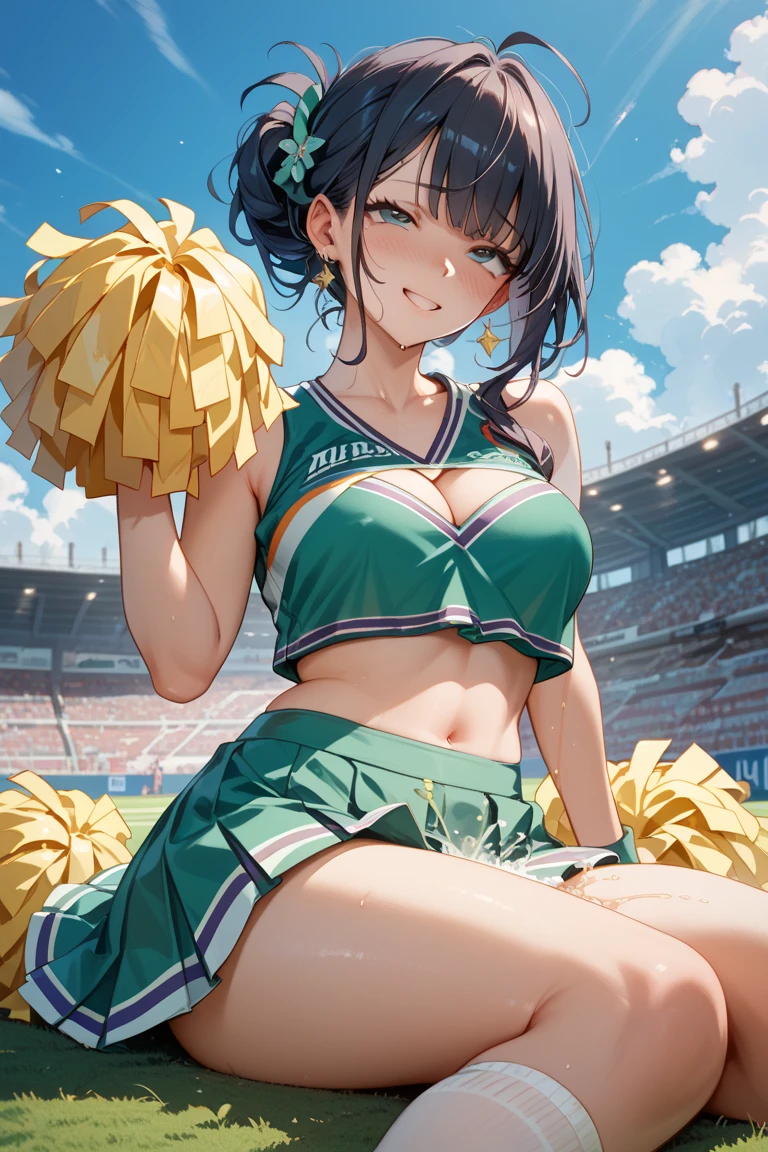 (masterpiece), best quality, (((ultra detailed, 8k quality))), expressive eyes, perfect face, perfect anatomy, perfect body, scene, <lora:scene_:0.7>, <lora:more_details:0.7>, <lora:beautiful_detailed_eyes:0.5>, <lora:give_it_a_name:0.7>, ubel, long hair, side ponytail,
, pom pom (cheerleading), holding pom poms, skirt, pleated skirt, cheerleader, navel, bare shoulders, holding, midriff, miniskirt, crop top, criss cross, detached collar, smile, open mouth, cleavage,
stadium <lora:ubel_v1:1>