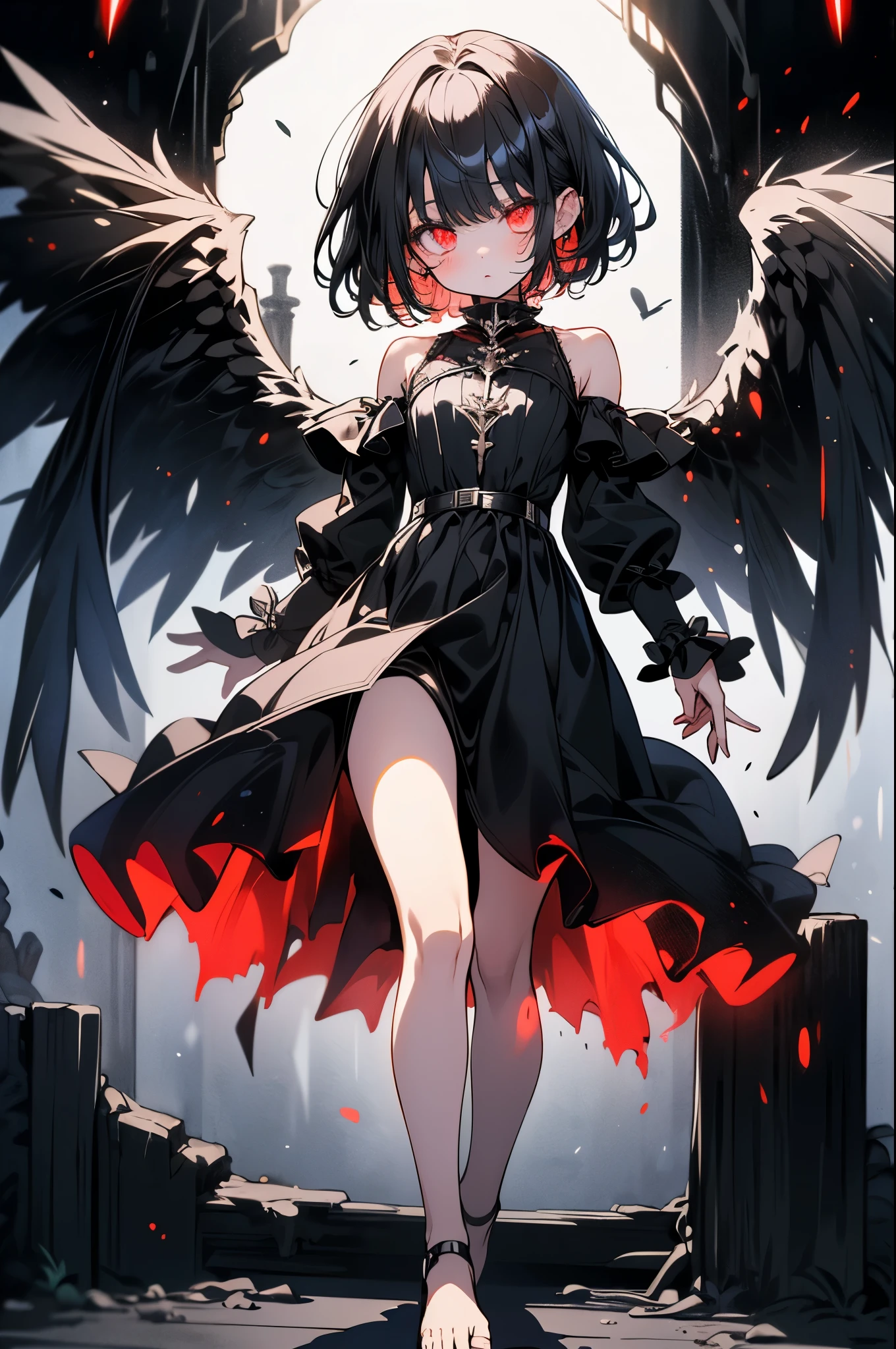 ((top quality))、(((solo))), ((Mysterious pattern)), ((Precise face))、(((Precision Eyes)))、((A precise pair of black dirty angel wings that grow from my shoulders))、(Short black fallen angel)、((White skin with red glowing skin on arms and legs))、((Tall))、((is expressionless with half-open red glowing eyes))、(foot injury)、((A black dress with a simple design that sticks out the shoulders and long sleeves))、(full body illustration seen from below)、(looking from below)、((dark room))、( night background)