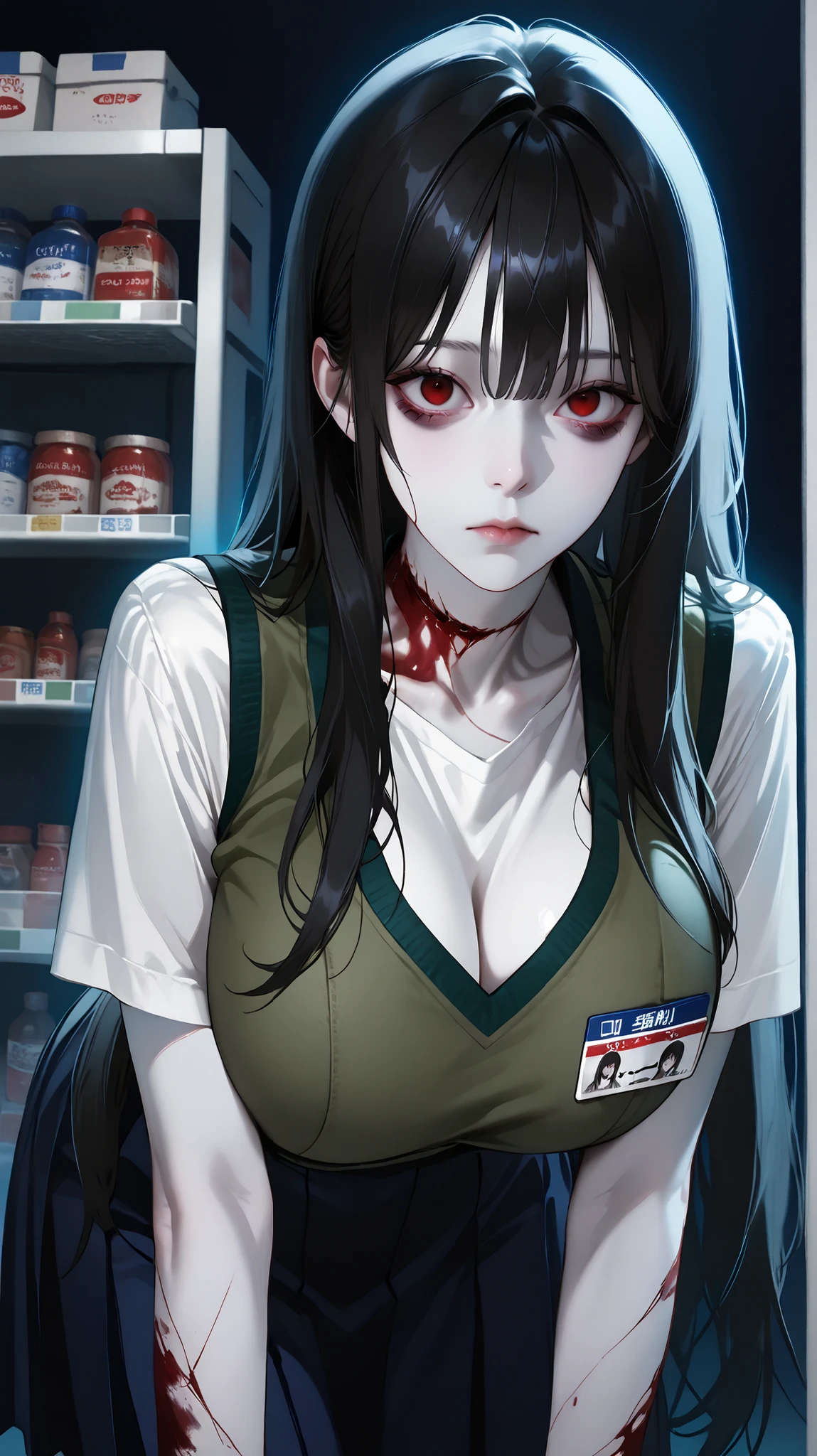 very aesthetic, 걸작, 고해상도, 8k 해상도, high contrast, (semi-realistic), newest, koreanai, best_quality, finely_detailed_eyes_and_detailed_face,PONYXL_CONCEPT_ThroughScreen_TheRingSadako_ownwaifu, CONCEPT_through_screen_ownwaifu, (1 girl), long_hair, straight_hair, (slicked_side:1.4), (pale_skin:1.4), uniform_shirt, name_tag, navy_blue_and_white_uniform, green_vest, short_sleeves, neat_appearance, arched back, bent_over, standing, yamamura sadako, (dark:1.4), dark convenience store, horror), looking_at_viewer, (front_view), humongous_breasts, huge_breasts, skinny, skinny_face, tall_height, (bloody_scars, too_many_bloody_scars, bloody_scars_on_face, bloody_scars_on_body, bloody_scars_on_neck, bloody_scars_on_arms, bloody_clothes), red_eyes, black_hair, expressionless, dark_convenience_store_interior, goods_display_shelf_behind, bags under eyes, blue lighting