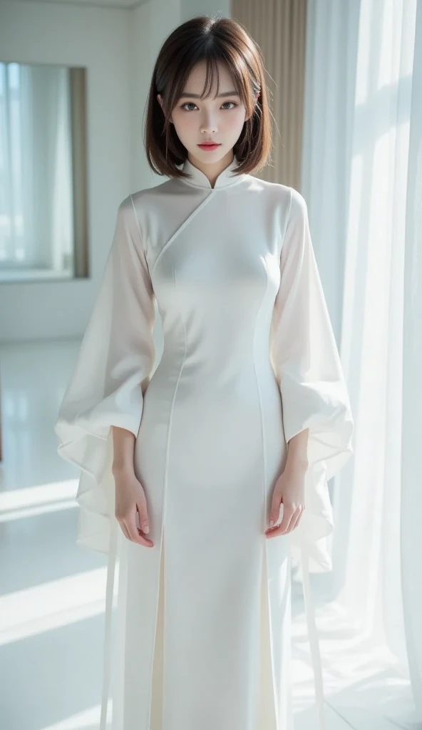 (absurdres:1.3), (highres:1.3), (ultra detailed:1.3),(1girl:1.3), (extremely detailed CG unity 8k wallpaper:1.3), (detailed skin texture, detailed cloth texture, detailed hair texture), (beautiful detailed face, supermodel, pale skin, realistic glistening skin), (RAW photo, best quality), (realistic, photo-realistic:1.4), masterpiece, extremely delicate and beautiful,Amazing, finely detail, extremely detailed CG unity 8k wallpaper, huge filesize, ultra-detailed, highres, absurdres, soft light,rim light, vibrant details, hotel room, short bob hair, large breasts, black hair color, Big Natural Color Lip, (perfect body shape), beautiful legs, BREAK (white theme:1.5), (half sleeve (white Ao dai):1.4), (bare elbow:1.4), ((plain color, only white color):1.3), (smooth and shiny fabric:1.3), (white heeled sandals:1.2), crying a little、little smile, Harajuku style、20 year old girl、cute type、lolita、