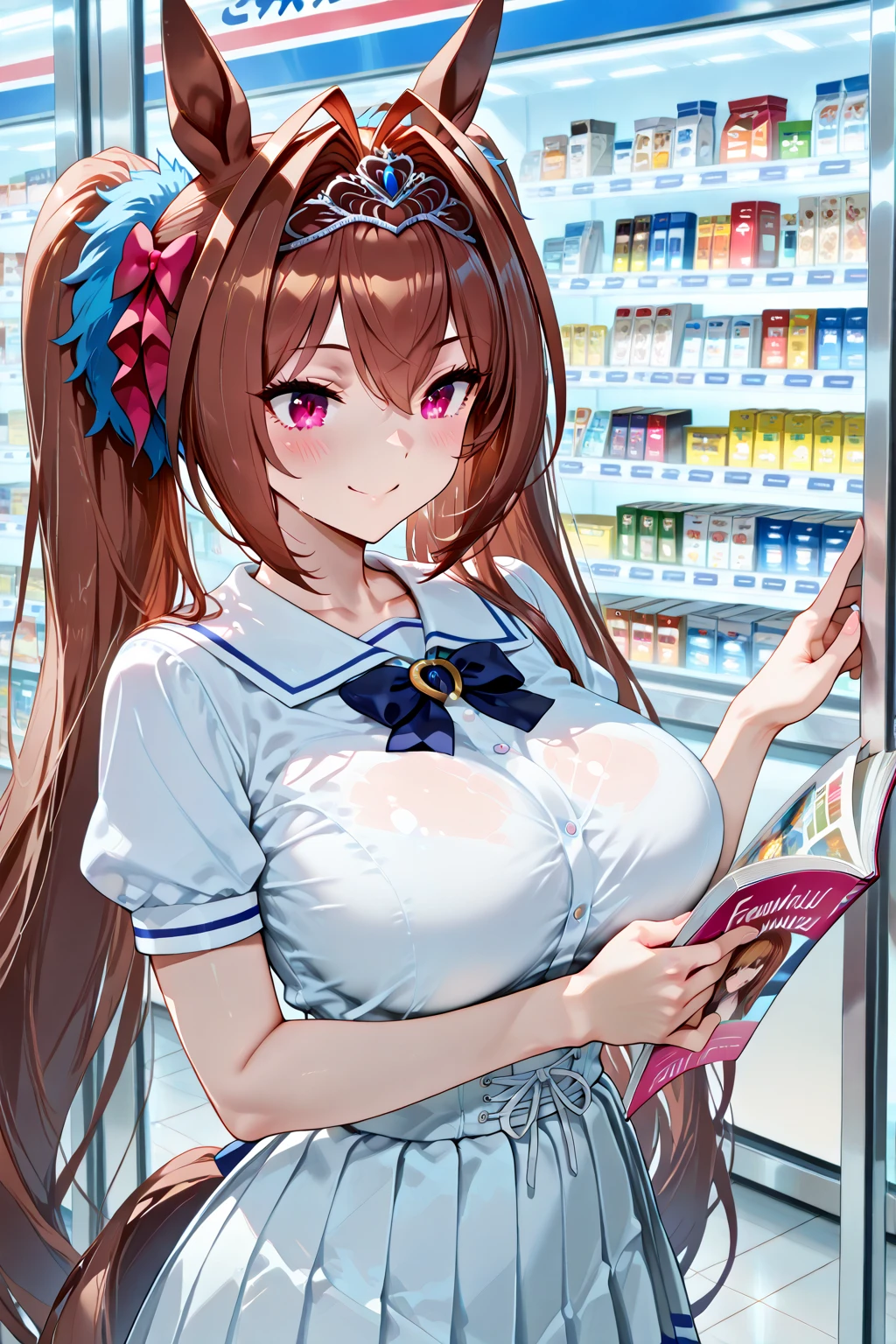 nsfw, amatsukanata
brown hair, blue scrunchie, hair scrunchie, half updo, long hair, pink eyes, large breasts, , , empty eyes , large breasts, nipple, , Peeing, lactation, projectile lactation, Sweets shop, frozen, wet, crying ,, Naked, , (1girl) ,solo