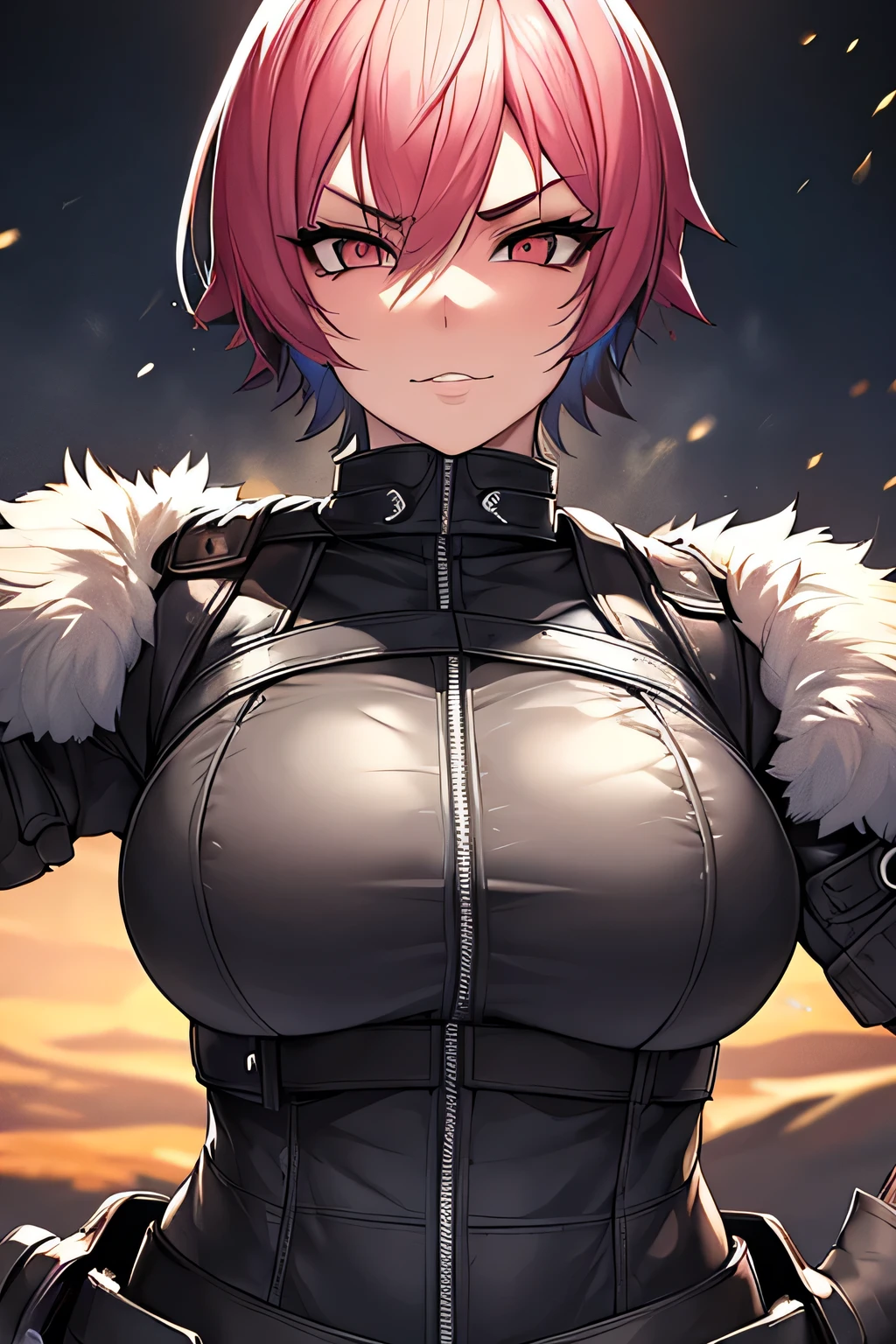 ((masterpiece)), ((best quality)), ((highres)), 1girl, solo, topless , black jeans , city backdrop, (holding and aiming pistol, detailed pistol, glock 22, trigger discipline), standing, short hair, (red hair, loose), (red eyes), large breasts