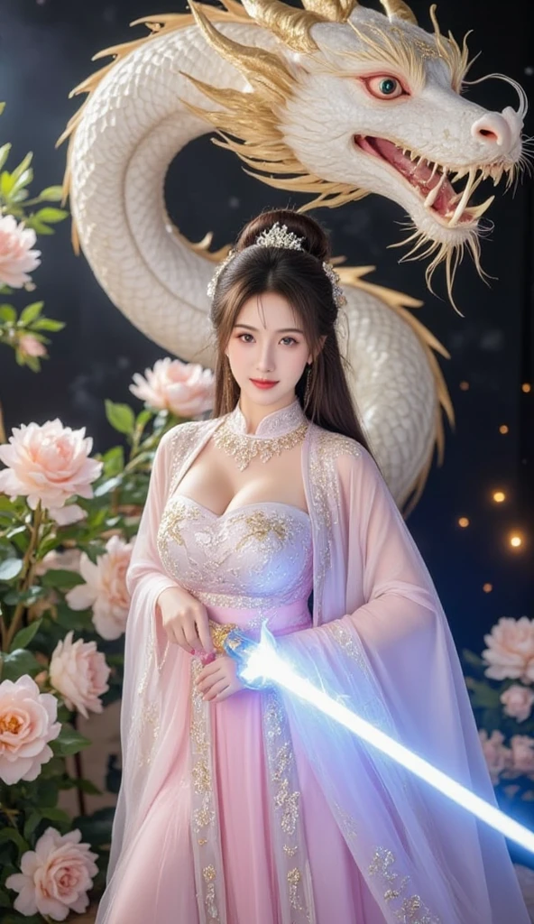 High-quality work,Realistic works,Super premium graphics,8K HD CG works,high quality graphics,High-definition and exquisite CG works,10x pixels,Ultra-fine details:1.1,Advanced technical details:1.1Realistic photo effects,Interior lighting effects:1.5,natural soft light:1.5. Light effect(Virtual light effects:1.8),ultra high resolution,shining dress,sliver long hair,silber hair,transparenthair,high detailed hair(Quality hair details:1.1)Clear eyes,Double eyelids look good,Sharp eye makeup, Create exquisite eyelash makeup, tthin eyebrows, Ultra-detailed eyes,a tall nose, lovely red lips, rosey cheeks, With delicate makeup on her face , pretty face, The face shape is perfectly proportioned,(Advanced facial details:1.1)(goddess,female Taoist priest),The petals are falling like rain, with random colors,busty,Wearing a loose silver-white robe, her soft breasts sag naturally without any underwear,Taoist magic figure,black and white entanglement,crystal and silver entanglement. Fish eye lens, upper body, one hand on hips, from below, Women's artwork,Dress full body video,Realism,Amazing Cleavage,My eyes are very bright today