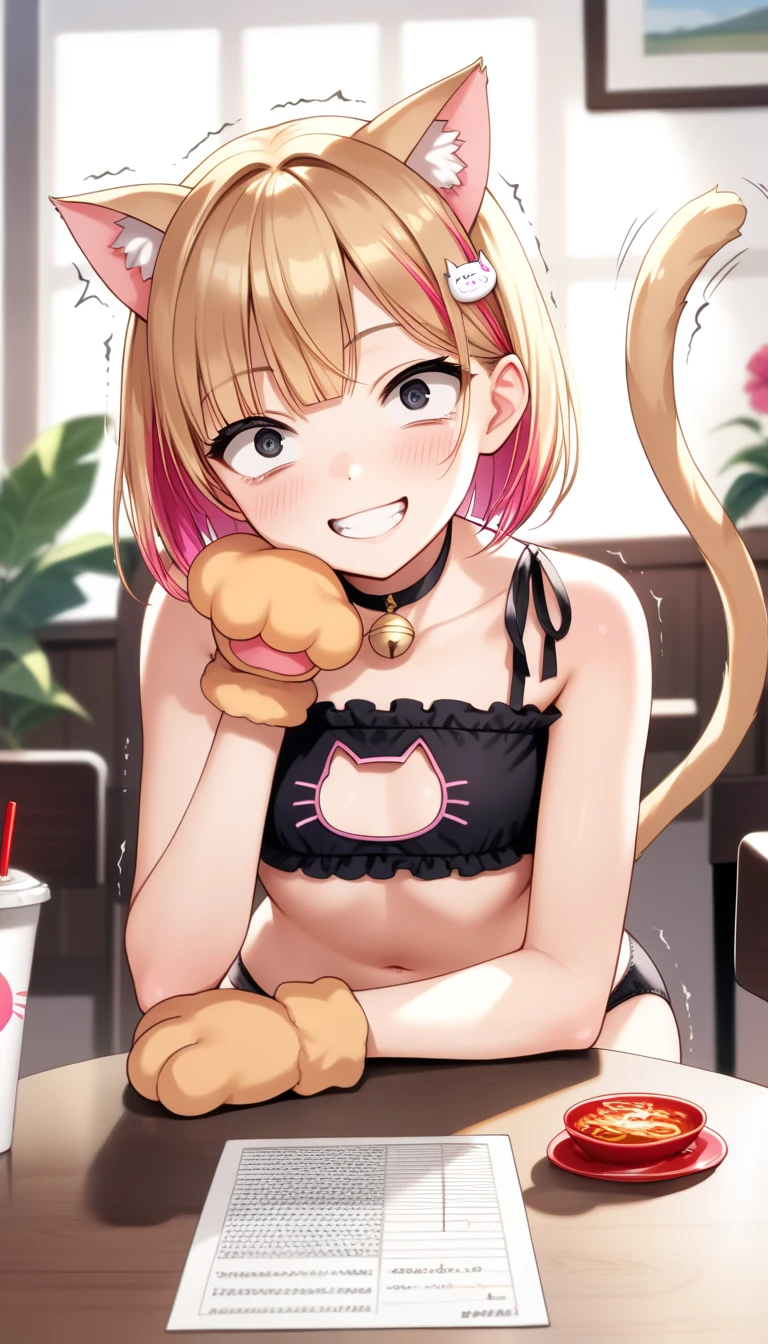 anime_source, (masterpiece), best quality, expressive eyes, perfect face, score_9, score_8_up, score_7_up, 1girl, bare shoulders, blush, bra, braid, breasts, cat cutout, cat lingerie, choker, cleavage, cleavage cutout, clothing cutout, medium breasts, collarbone, green eyes, long hair, blonde hair, looking at viewer, meme attire, black attire, navel, panties, plant, potted plant, red choker, side-tie panties, sitting, solo, thighhighs, underwear, animal hands, cat paws, cuffs, lip licking, 1girl, all fours, ass, curtains, eyebrows visible through hair, hanging breasts, hetero, indoors, on bed, side view, solo focus, thighhighs, window, drooling