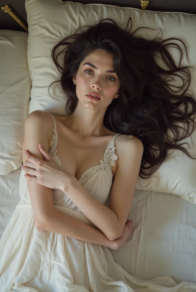 Beautiful Russian girl laying on her bed with her belly button showing