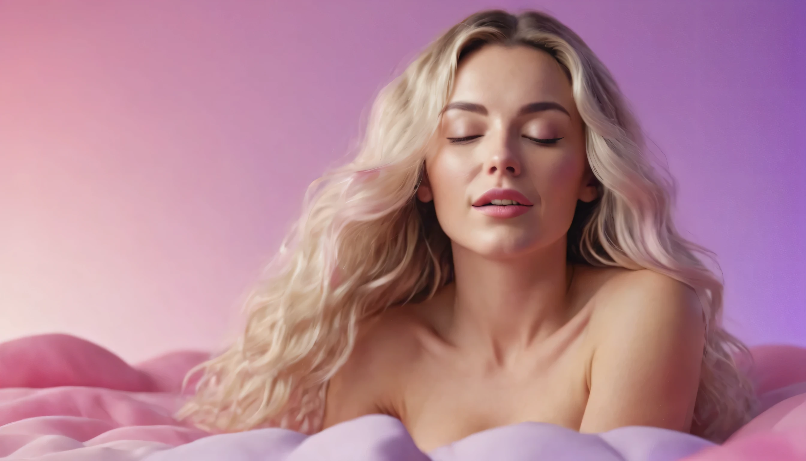 laptop in hands, squirting naked blackhair woman with long hair laying on bed, she holds laptop in her hands, open mouth, glowing with pink and purple colours, hair floating covering chest, wavy hair spread out, she is laying on her back, attractive neck, sensual woman, hands on face, laying on her back, pale skin curly blond hair, sensuality, fashion model face closed eyes, fashion model face, close up of a blonde woman, she is having orgasm, minimalistic, in a light purple and pink style, with soft edges and blurred details, in the toycore style, with a 3D render, on a colorful background, with a minimalist stage design, in a surreal style, with a cinema4D rendering, with a minimalist style, with low saturation, using gradient colors, with a cinema4D rendering, with a blender rendering, with super detail, at a super high resolution, at a super high definition