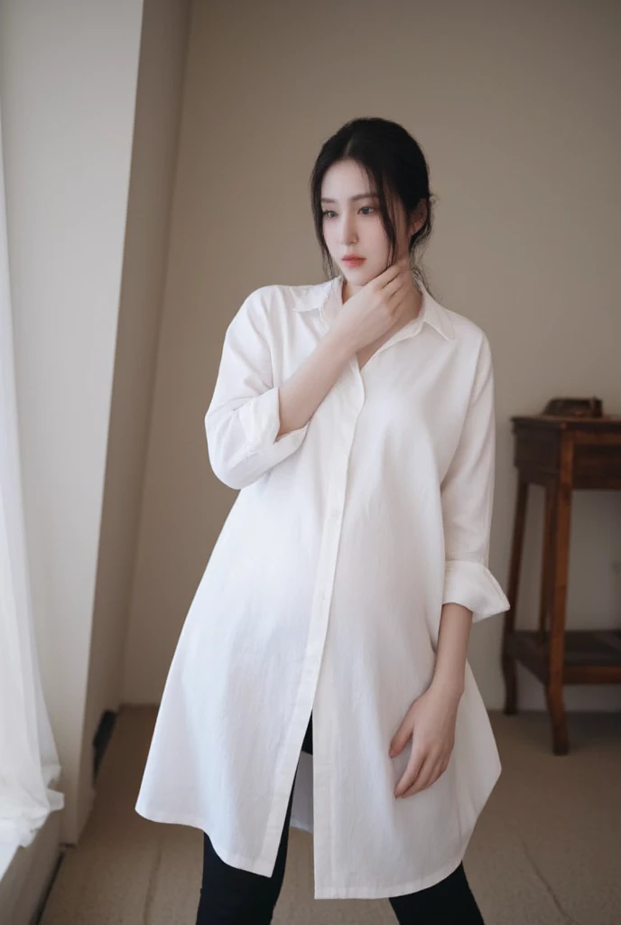 (masutepiece,High quality:1.3),(depth of fields:1.3) ,((front body:1.35)), Japanese ,woman, natural makeup,standard height, (White Long Sleeve Round neck T-shirt Maxi Tight Dress:1.2), (huge breasts:1.5), thicc, curvy,(Looking at Viewer:1.3),(full body:1.2),Inside the office by the window