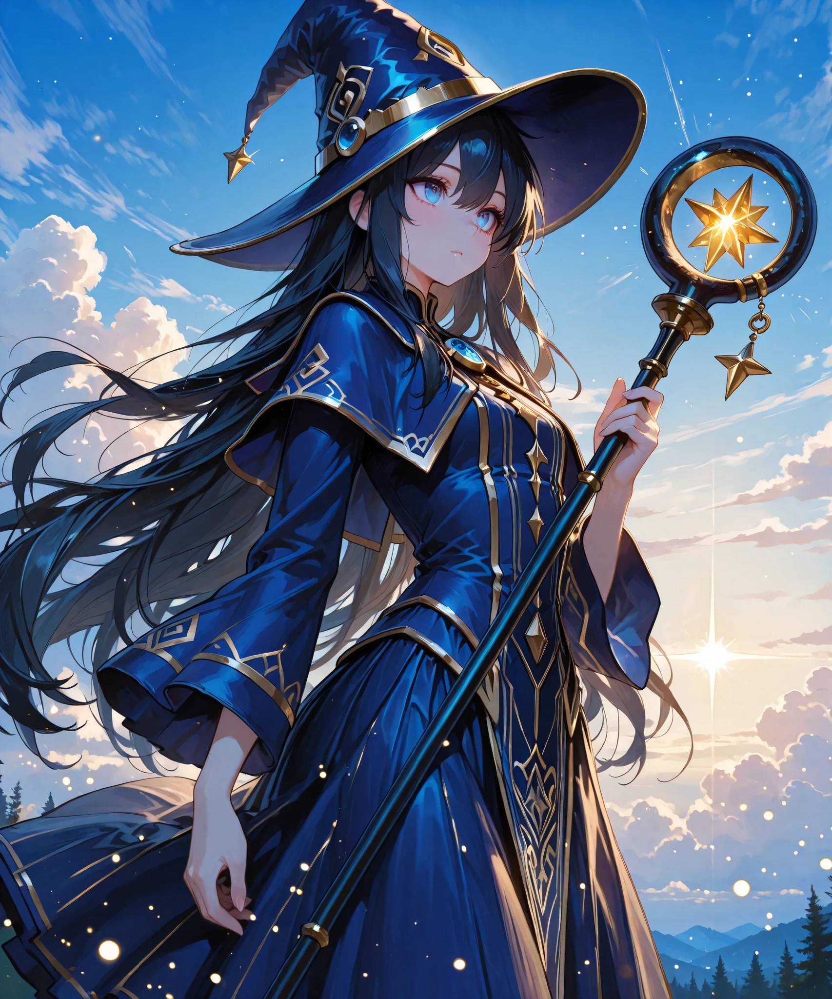 748cmstyle, fine trait, masterpiece, best quality,fine trait,Beautiful Gorgeous Magician-wizard-Girl, wizard-hat,,very long wavy black hair, hadling a magic-staff, pose action. High def blue eyes, Best Quality, eyesHD, high gradient eyes, detailed eyes, high definition eyes, Effects/Lucid-Oil-Shine"
", cinematic lighting,,
intricate uniform detailing, full HD, 4K, HD, photographic, depth of field, in the divine light, Heaven mistic dimension, outdoor, isekai-forest,, intense blue sky with white clouds.