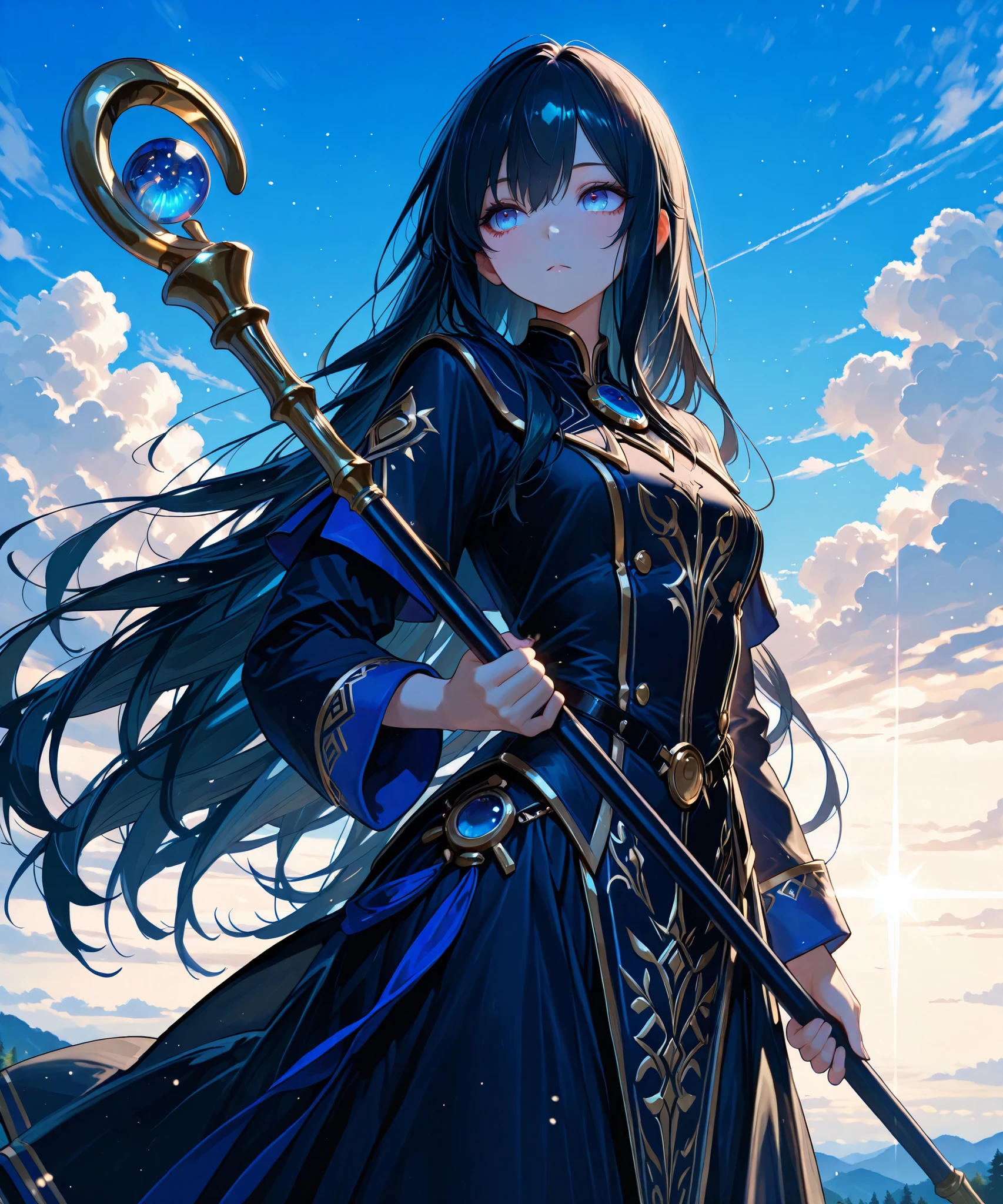 748cmstyle, fine trait, masterpiece, best quality,fine trait,Beautiful Gorgeous Magician-wizard-Girl, very long wavy black hair, hadling a magic-staff, pose action. High def blue eyes, Best Quality, eyesHD, high gradient eyes, detailed eyes, high definition eyes, Effects/Lucid-Oil-Shine"
", cinematic lighting,,
intricate uniform detailing, full HD, 4K, HD, photographic, depth of field, in the divine light, Heaven mistic dimension, outdoor, isekai-forest,, intense blue sky with white clouds.