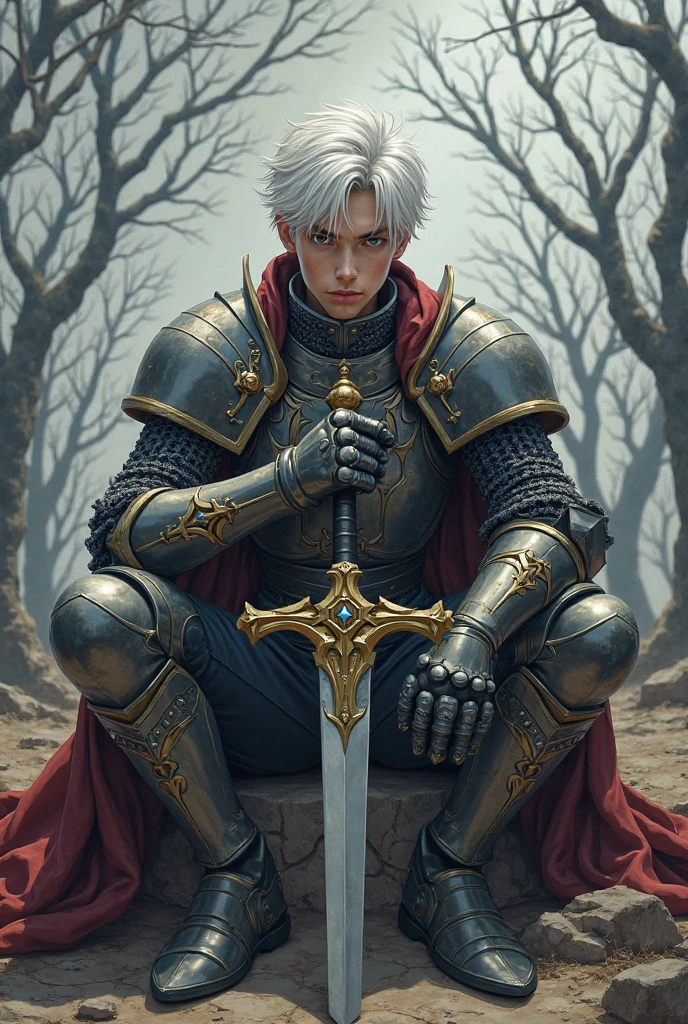 (a teenager male knight in cracked sliver armor), handsome, ((he raise a sword stained with blood)), a giant gate of castle behind him, light from the sky, silver hair, black hair, gradient hair, chiaroscuro, cinematic lighting, god rays, ray tracing, reflection light, ((close-up)), masterpiece, best quality, high quality, high details, highest, accurate, anatomically correct, textured skin, UHD, 1080P