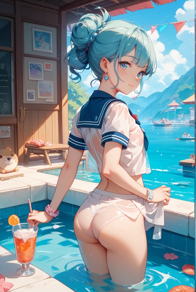 Cornflower art, dreamy, (masterpiece, top quality, perfect anatomy, beautiful face, realistic, super detailed, 1 girl, 18 ears senile, solo, depth of field, canon 24mm lens, f1.4, cute_girl, sailor_ collar, clear facial features, short sleeves, small breasts, slender height, height 150cm, barefoot, double ponytail, bangs, gravure pose, indoor, slouch, Chest gap jungle, blurred background, (Uwabaki: 1.1576)) whole body, clear liquid drips from the crotch, the front of the shirt is exposed, breasts are visible, transparent bra, light blue striped buns, erotic, NSFW movie, crotch, hentai,