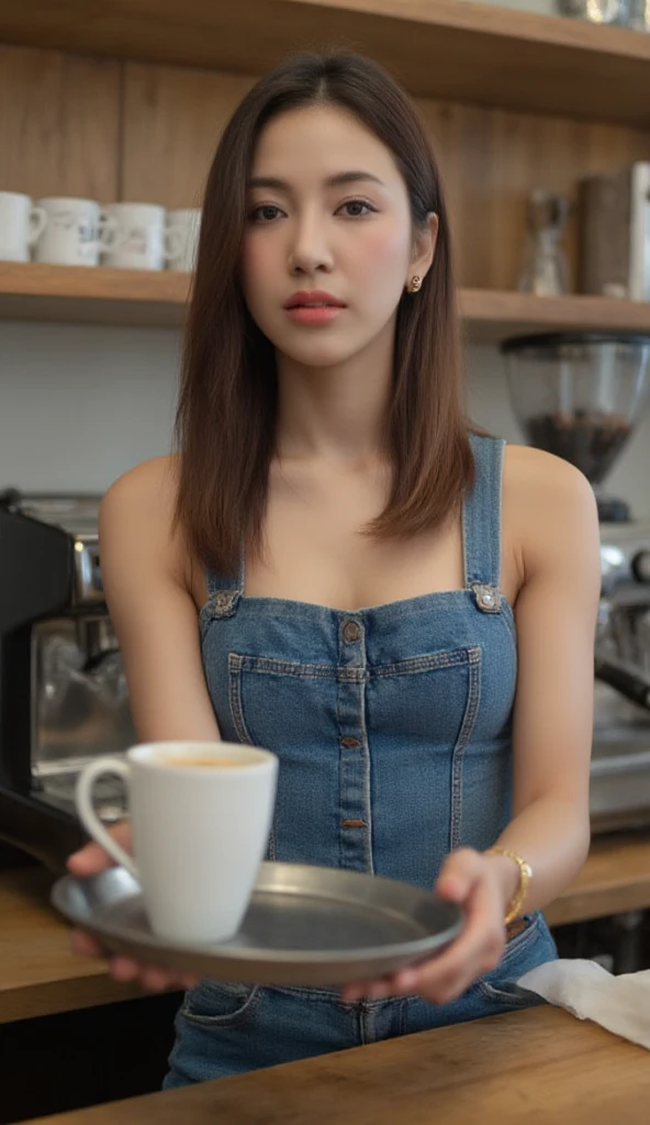 ((best quality, 8k, masterpiece :1.3)), (sharp focus :1.2, Beautiful woman with perfect body :1.4, slim abs :1.2), ((big bust, emphasize division:1.3)), (Photorealistic:1.4), (realistic:1.4), (long straight hair, light brown hair:1.5), Highly detailed face and skin texture, fine particles, double eyelid. makeup face, a little lipstick, Sex appeal, sexy etching pose, ((Black lace camisole and denim mini skirt、Cafeteria in the background、She poses with her camisole lowered to expose her shoulders and holds a coffee cup....。:1.3)
