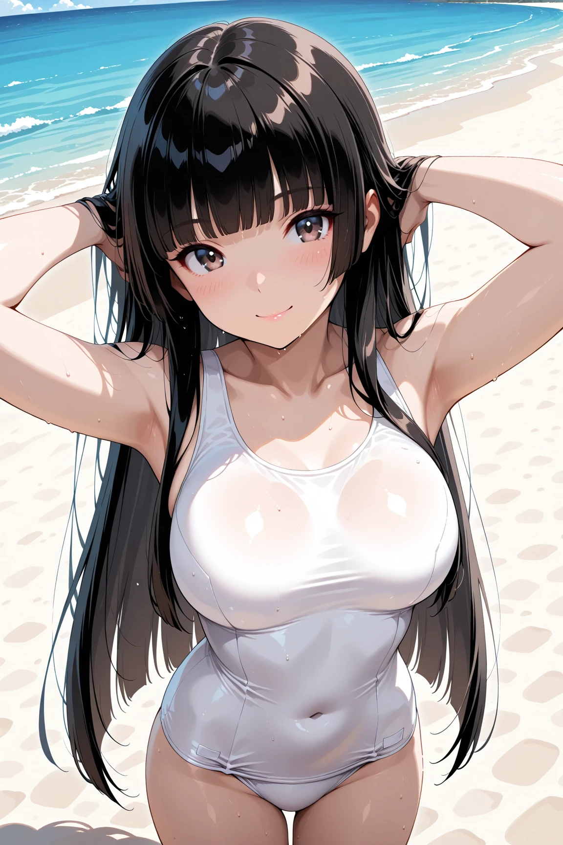 (NSFW:1.2), masterpiece, Highest quality, Ultra-high resolution, Highest Resolution, Very detailed, cowboy shot, very cute, Complete limbs, Shining Eyes, Full Finger, bbsato, long hair, half updo, braid, hair between eyes, animal ears, ear ornament, horse tailr, Embarrassed look, Writhing expression, School swimsuit, Glowing Skin, sexy pose, beach, Bubble, (Wind:1.2)