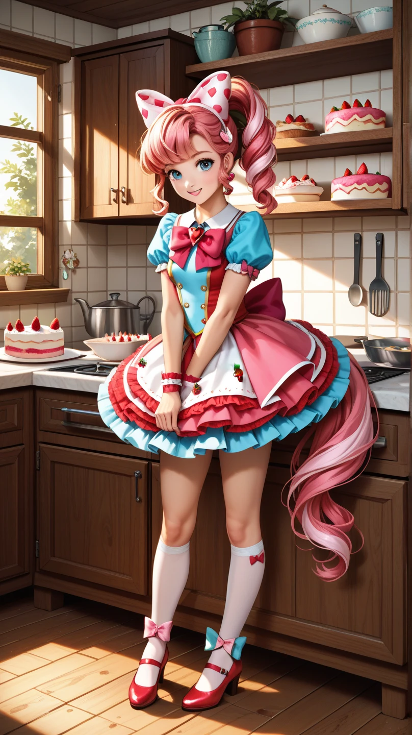 score_9, score_8_up, score_7_up, score_6_up, score_5_up, score_4_up, cute little pony, , magical girl outfit, very revealing costume, emerged from cake, floating above strawberry cake, partially collapsed cake, pony tail hairstyle, strawberry hair accessories, sparkles, wooden kitchen background, wooden shelves, wooden kitchen utensils, detailed, vibrant colors, soft lighting, whimsical style