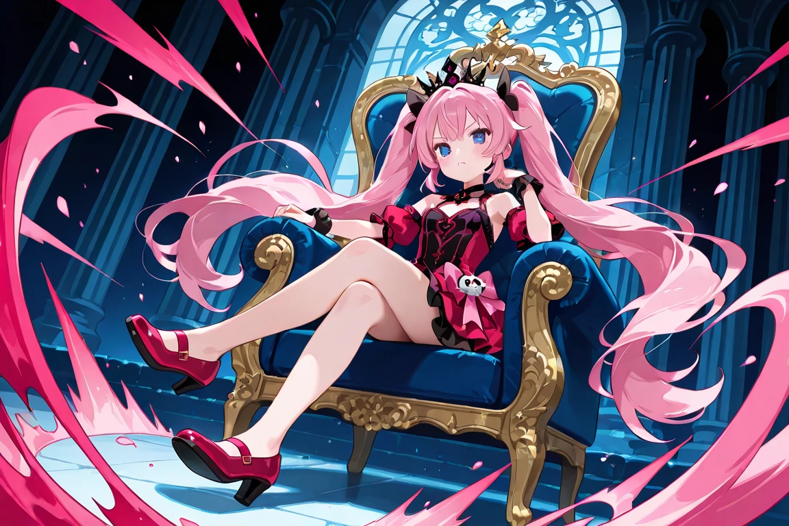 1 person、Mature、Ample breasts、Long Hair、Pink Hair、Purple Hair、Purple Hair、Long eyelashes、Twin tails、Curly Hair、ゴシックHata、Hata、Shoulder Bare、Miniskirt、A seductive smile、Villainous Daughter、Sit on a throne、Lots of roses、High resolution、Highest quality