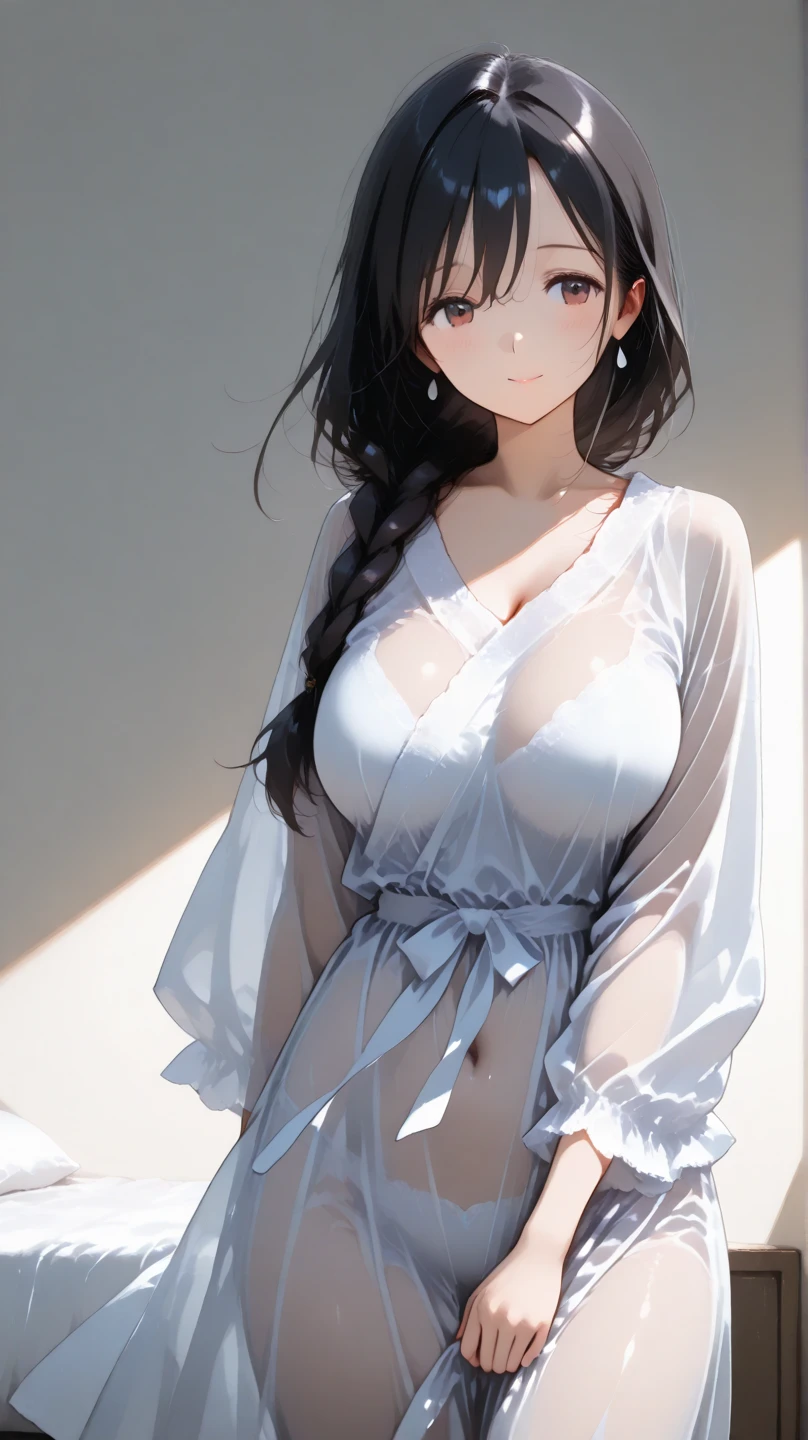 1 Young girls, 独奏, White polo shirt, White sneakers, 
, Short white dress, tmasterpiece, Best quality, realistically, ultra - detailed, (shiny skins, Sweated:1.4), Huang Li, looking at viewert, with short black hair, with brown eye,slenderness,Dynamic light and shadow,A high resolution,Focus sharp,depth of fields,The eyes are delicate,Sharp pupils,student reality,(Bigchest:1.6),(Thigh thick:1.0), Raised sexy，In the foreground of graphic art、koash (koash) Woman wearing floral decoration，wearing straw robe.Her expression  bright and happy.、Elegant and generous。&#39;Like celebrating Kauai&#39;nature and culture。 Graphic art background、wyle mountain view (varar mountain)。The mountain top  covered by thick clouds.、It has an air of mystery。Lush vegetation and waterfalls can be seen on the mountainside。pure、The sky has a rainbow.、kauai island name「Garden Island」It expresses abundant nature。red color eyes