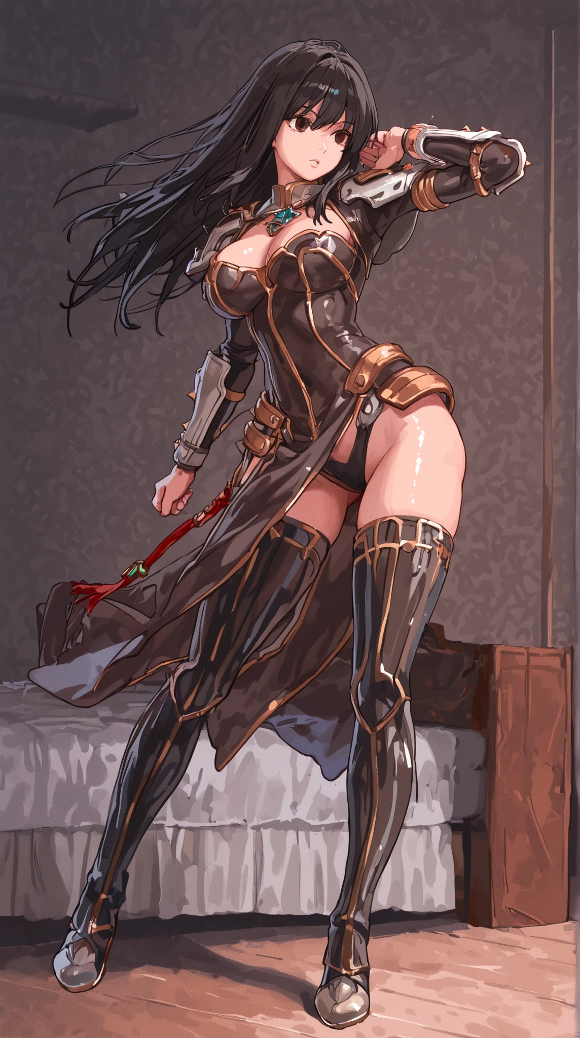 Two stunning female knights with detailed face, flawless features and slender figures vibrant multicolored hair, ample bosoms, huge breasts, detailed erect nipples, standing side by side, wearing sleek leather armor that reveals their toned midriffs, cleavage, and thighs, sexy stockings, (no panties:1.5), detailed vagina, (pussy juice:1.2). They stride confidently in high heels and don gloves, wielding a variety of weapons including swords, maces, axes, and shields. The scene exudes a sense of fantasy and takes place in an unpredictable location (NFSW).