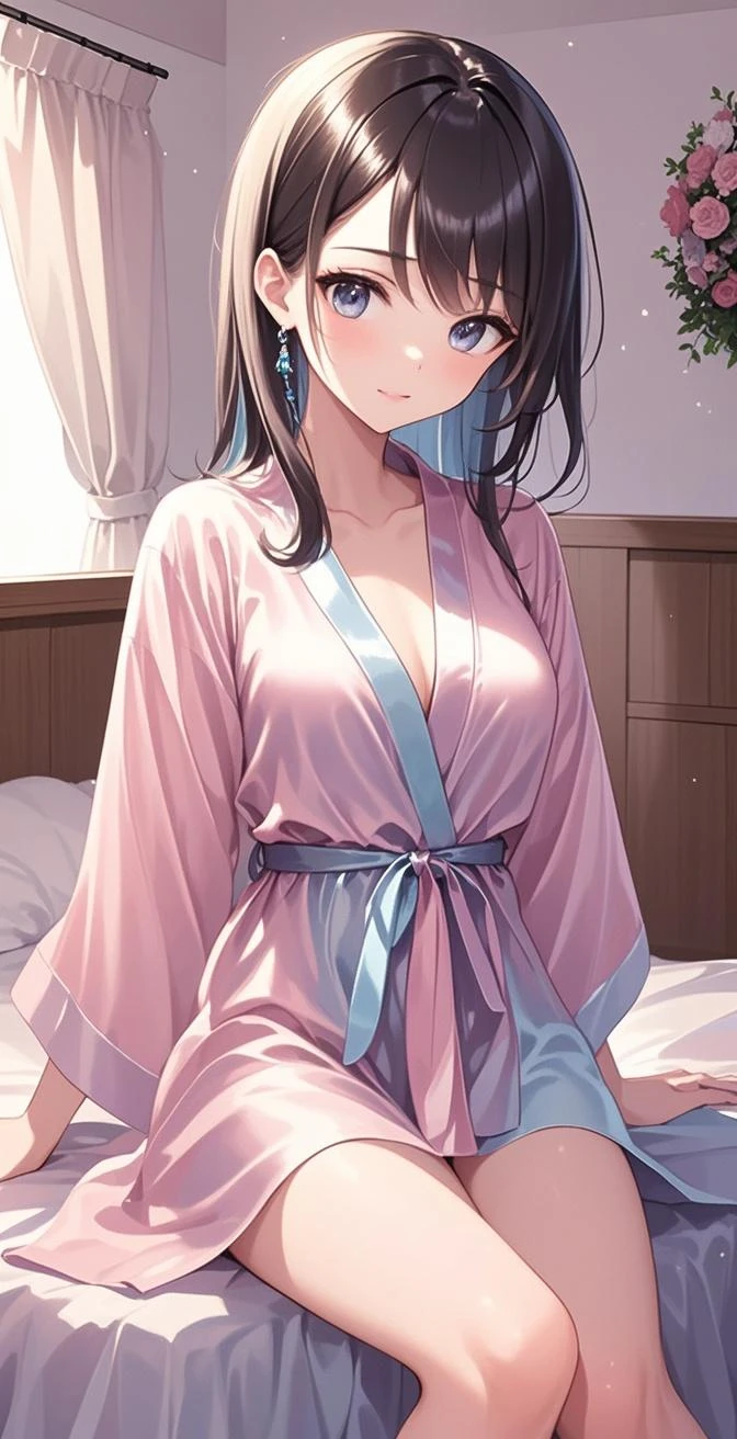 (8k、Photorealistic,Raw photo,highest quality: 1.3),(real skin),Beautiful expression,High Detail,超A high resolution、(1lady,hair bun:1.5,black hair,black eyes,makeup),Super Beauty,(True Face),Captivate your audience,Beautiful breasts,Lover's point of view,Beautiful smile,attractiveSurreal,hanikami,(fluffy pajamas,open pajamas,nippless,erect nipples),in her room,selfie by smartphone