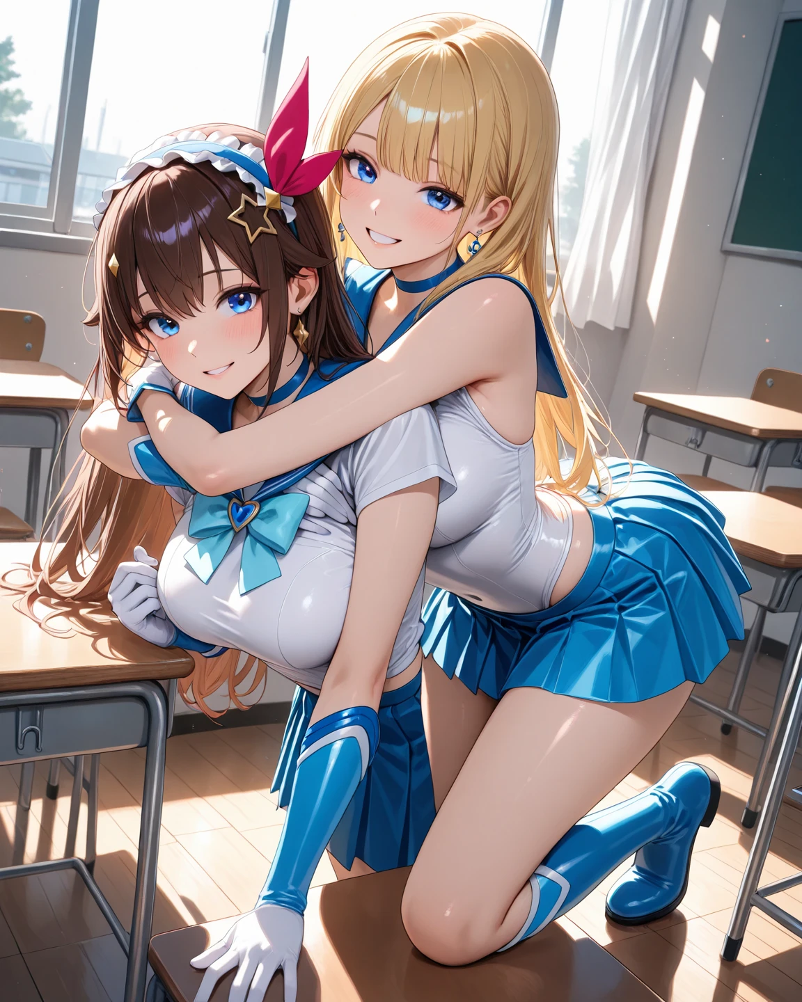 master-piece, hyper quality, hyper detailed, perfect drawing, high-resolution, two beautiful girls, cheerleader, sleeveless shirt, miniskirt, ansco, pom-pom, lovers, staring at each other, hugging each other's breasts pressed against each other, staring at each other, moist eyes, half-open lips, beautiful, blush (0.2), sensual, seduction, ecstasy, indulgence, bust up, forward light, shooting from the front diagonally below, precise drawing, detailed drawing, accurate human body structure,