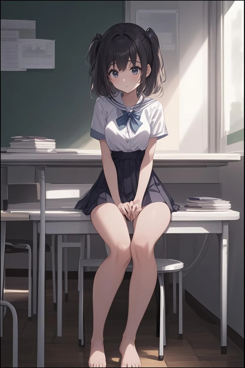 (masterpiece,Best Quality,Detailed beautiful face and eyes:1.3,Perfect Anatomy,beautiful illustrations:1.2,best anime:1.2),(nsfw,1man and 1woman,hug behind back),cowboy shot, BREAK One woman is sweating、sweat,25 year old beauty、brown hair、long hair ,blunt bangs,brown eyes,crying,embarrassing depiction、perfect proportion,slender body,skinny,medium breasts,gleaming skin,oliy skin,shiny skin,sitting,spread legs,up legs,Stuffy crotch、camel toe,Cute white panties made of cotton fabric、Wet and see-through clothing、School uniform、open shirt、nipples,collared shirt、white shirt、short sleeve、navy blue tie、bottomless,Black High Socks、 BREAK One man is a teacher、28 years old、The teacher is wearing a black suit、black short hair、sharp eyes、Yuo、 BREAK daytime、sunlight、classroom、school building、Schools in Japan、