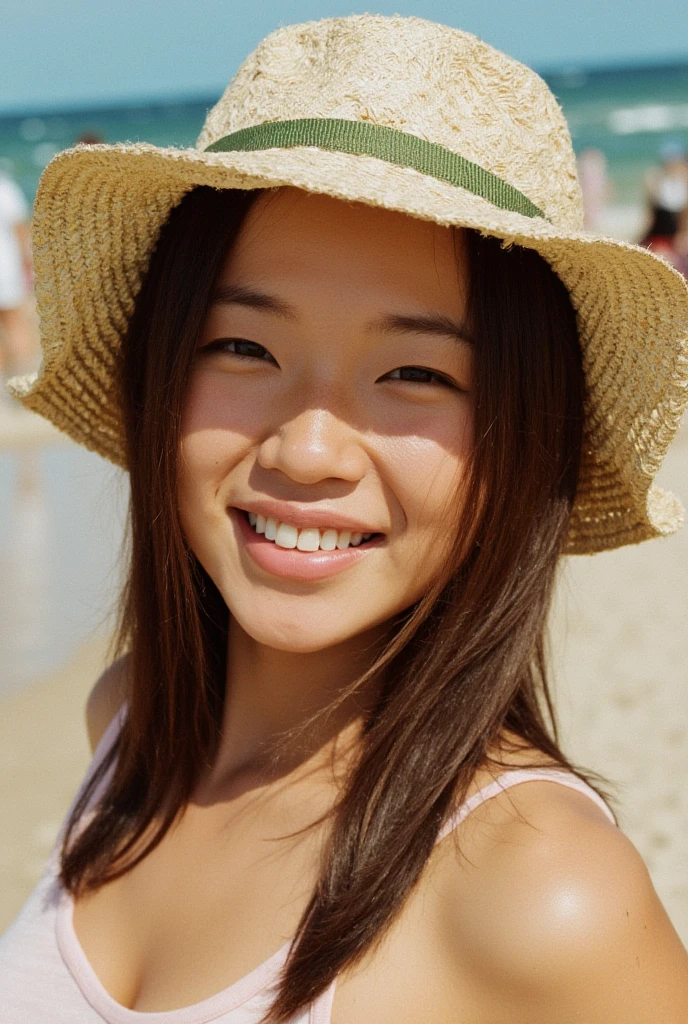 masterpiece,best quality,(Japanese ),((Beautiful girl)),cleavage,(perfect body beauty:1.2),(shy smile),beautiful teeth,(straw hat),(seaside),