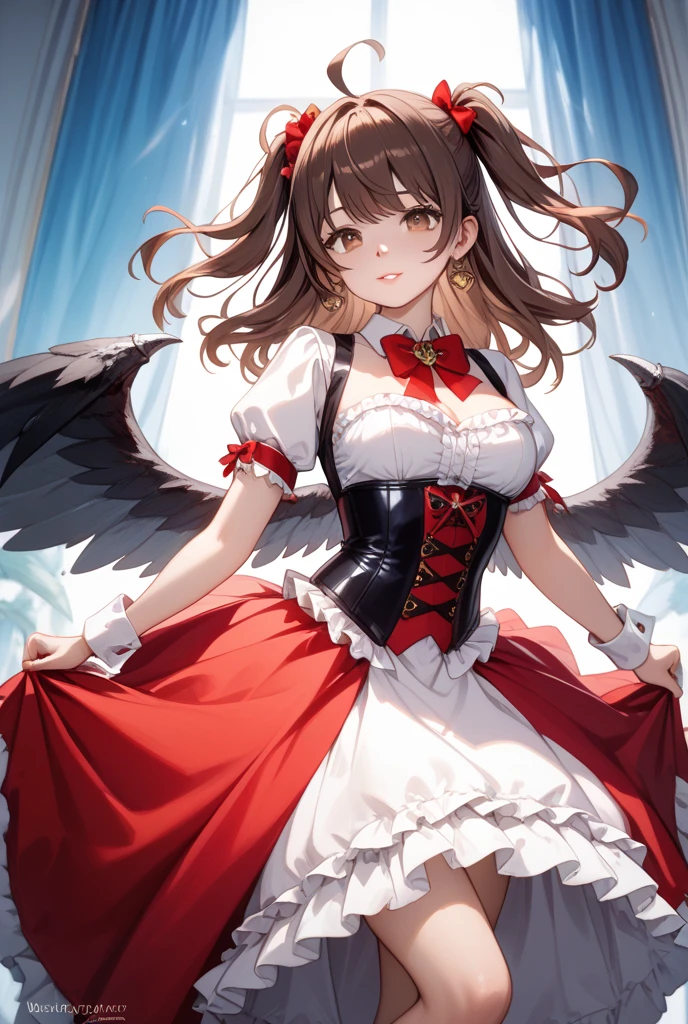 (8Kmasterpiece,highest quality:1.4),Ultra-high resolution,(masterpiece:1.4),hyper detail
BREAK (1 girl),(),Beautiful Face,(dark blue eyes),(Sleepy eyes:1.35),(Thick eyeliner:1.3),Beautiful and delicate eyes,(Thin and long eyelashes:1.3),artistic makeup,(perfect anatomy:1.5)
BREAK (black hair),(long hair:1.2),(ahoge:1.2)
BREAK (closed eyes:1.2),(embarrassed:1.3),(smug:1.2),(laugh:1.3),(open mouth:1.4),(happy:1.4)
BREAK (Slender body),(big breasts:1.3),(big thights:1.2)
BREAK (luxury red dress:1.3),(luxury black thighs:1.3),(flower ornament:1.2),(earring:1.2),(big red wings:1.3),(luxury accessory:1.2),(devil costume:1.2)
BREAK (she is standing while waving:1.3)
BREAK (dark atmosphere:1.3),(in front of luxury hotel:1.3),(fantasic world:1.3),(burnt world:1.3)
BREAK depth of written boundary,Amazing panoramic views,(looking viewer:1.4),(Vignette Light:1.2),(extreme close up:1.3),(focus breasts:1.3),shot from side