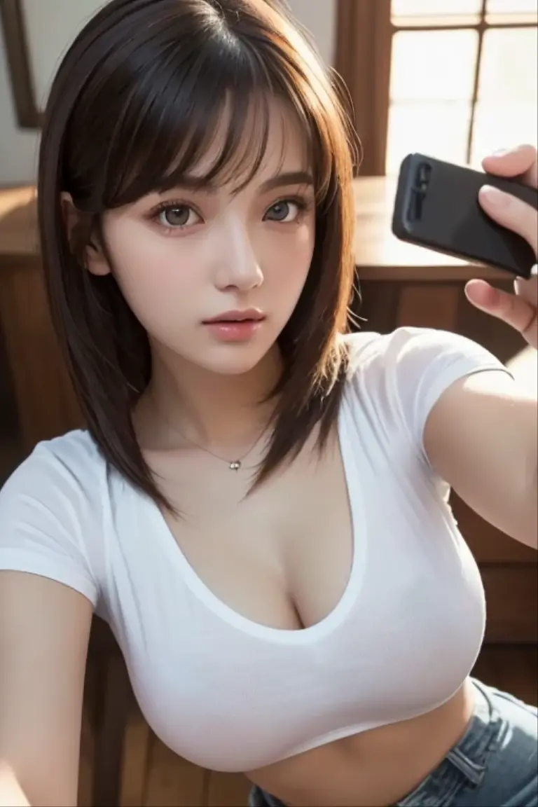 Beautiful girl, , very slim, sculpted waist, prominent and slightly small breasts, photographing in front of a woman, a completely messy room, a small skirt covering her thighs.
