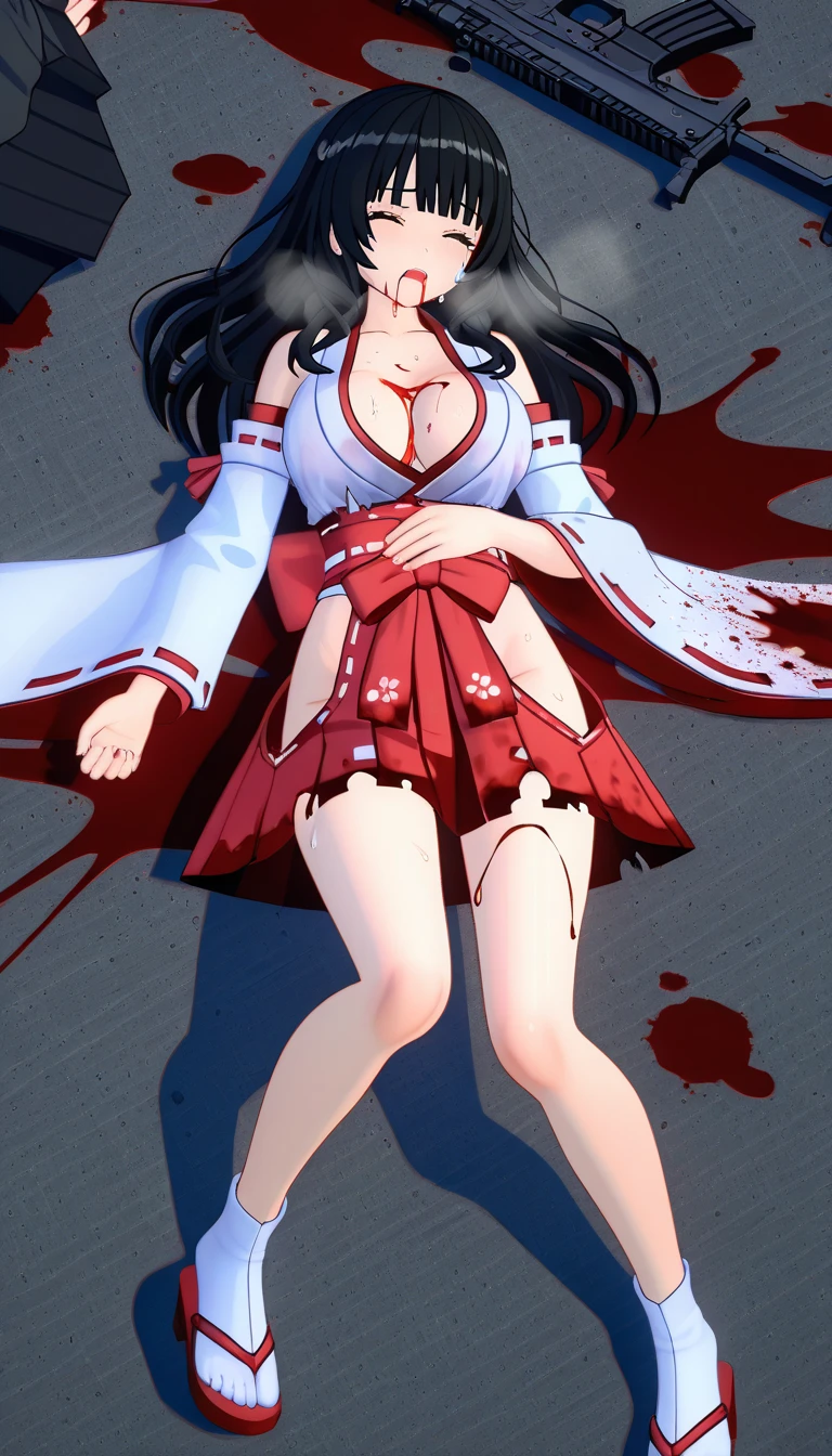 NSFW,taimanin,((Yatsu Murasaki)),Full Body、cutting body,Kneeling,(Woman covered in blood,blood is flowing from the mouth),Ripped purple bodysuit,Being stabbed in the stomach with a knife,