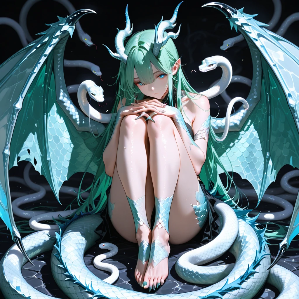 Absurd resolution, high resolution, (masterpiece: 1.4), super detailed, Depict an 18-year-old dragon girl radiating allure. no wings, NO wings, long, flowing, colorful blue hair cascading down her beautiful body. captivating eyes, naked body. beautiful body, blue tail, Capture her in a full-body composition that highlights both her dragon essence and irresistible charm. blue hair, long hair, slighy tan. illustration, naked, two legs,