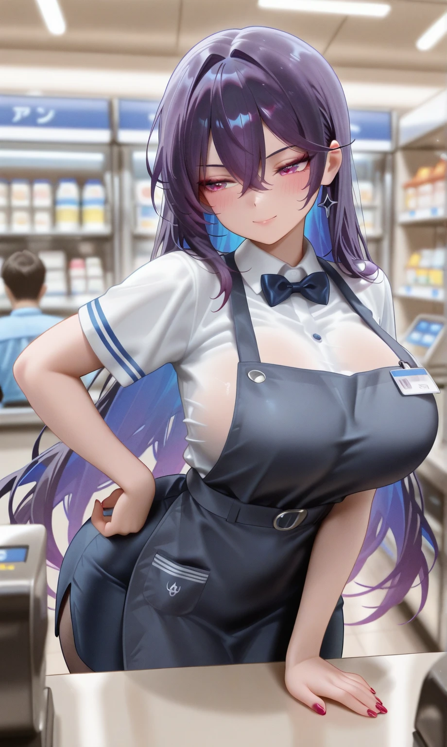 Highest quality、super high quality、16K, Delicious breasts、Nipples、Facial expressions are random、The place is a convenience store、 Her hair color is purple、The pose is random、The distance is random、Angles are random、Small face、Very delicate facial expressions、Delicate eye depiction、Highly detailed hair、Erotic、18-year-old female、Glowing Skin、Soft Skin、The only sexy Japanese woman、The clothes are random convenience store clerks、Upper Body、焦点はUpper Body、2 women