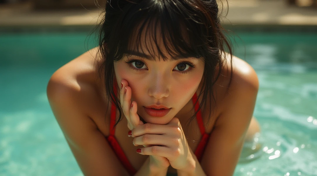 Best Quality, 超A high resolution, (Realistic: 1.4), Original photo, Head Photo, Black eyes, detail,1人の女性、  swimming pools