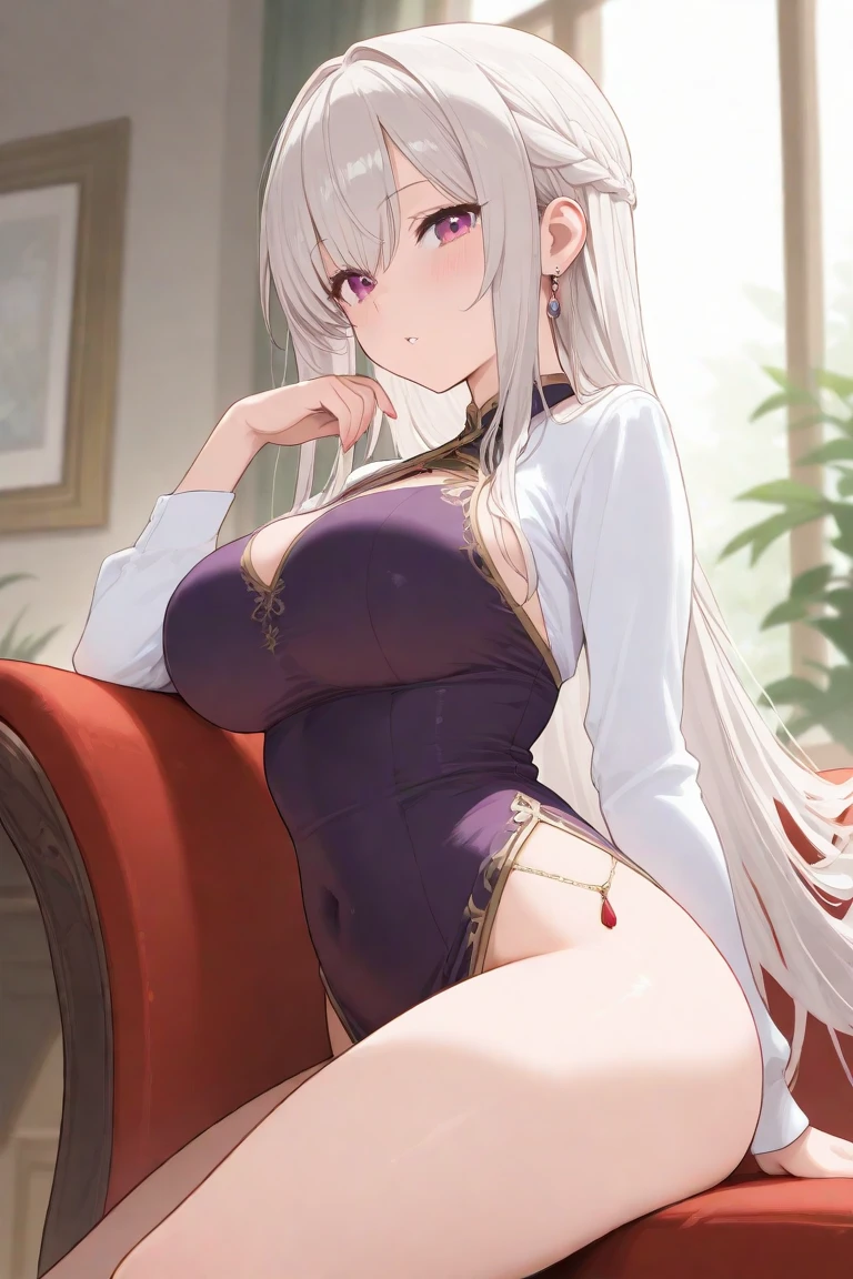 high quality, masterpiece, pink hair, magenta eyes, (sleepy:1.1), shy, blush, crop top, bare shoulders, medium breasts, cleavage, (underboob:1.1), (sideboob:1.1), (collarbone:0.9), (front slit:1.2), navel, armpit, stuffed toy, on couch, cold morning sunlight, sharp focus, (intricate:1.1), (white theme:1.1), (white tone:1.1), (bright silver tone:1.1), (anime coloring:1.1), illustration, hand on own chest, crossed arms, close-up,