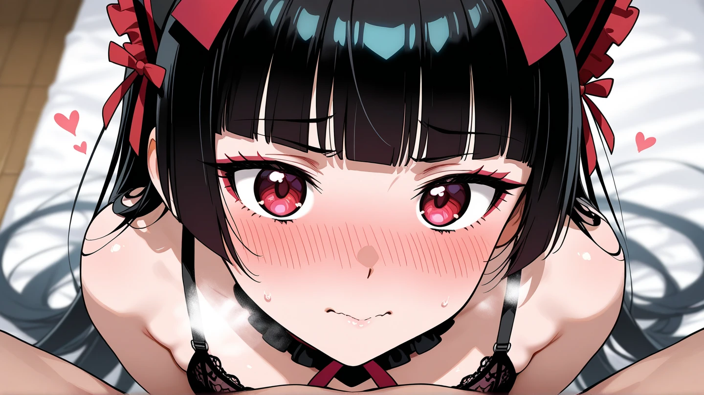 Anime, girl, teenage, hime-cut, short hair, black hair, red eyes, cool, earrings, highlights pink under hair, big boob, sexy-cute, full-bodied, wearing a maid uniform, visiting in home,
