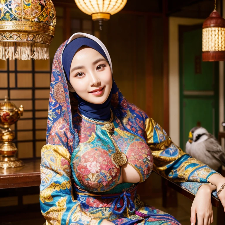 RAW, Best quality, high resolution, masterpiece: 1.3), beautiful Korean woman in hijab (iu:0.8)1beautiful Korean woman ,((big breast)),detail face,perfect yeyes, soft smile, sitting on a chair in a room with a bird cage, batik, traditional beauty, with beautiful exotic, very beautiful enga style, with lovely look, idian dress, style of ade santora, inspired by Sasha Putrya, inspired by Mym Tuma, inspired by Basuki Abdullah, wearing an ornate outfit, inspired by Shaddy Safadi
