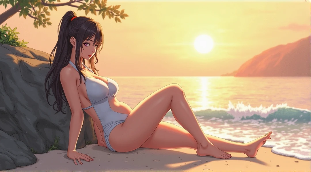Romantic picture,Plump breasts,Powder powder milk,Light purple tulle,Lace trim,Lightness to fly,Crisp peaks are half-hidden,Deep cleavage,Waterfront view,at dusk at golden hour,Fiery red sunset,Jade legs overlap,Moisturizes skin,Delicate,Zhu's lips opened lightly,Side sleeping beach,Left hand to support the head,Stroke your leg with your right hand,Head lightly tilted to the side,Lazy demeanor,Waiting for a caress