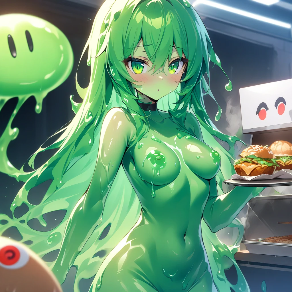 GONFREECSS, ,GREEN HAIR,BROWN EYES,SPIKED HAIR,, empty eyes , large breasts, nipple, , Peeing, lactation, projectile lactation, Sweets shop, frozen, wet, crying ,, Naked, , (1girl) ,solo