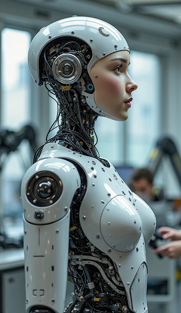A lovely female robot, obviously mechanical, lifelike face, a few panels are open for maintenance, standing in a machine shop on a space ship